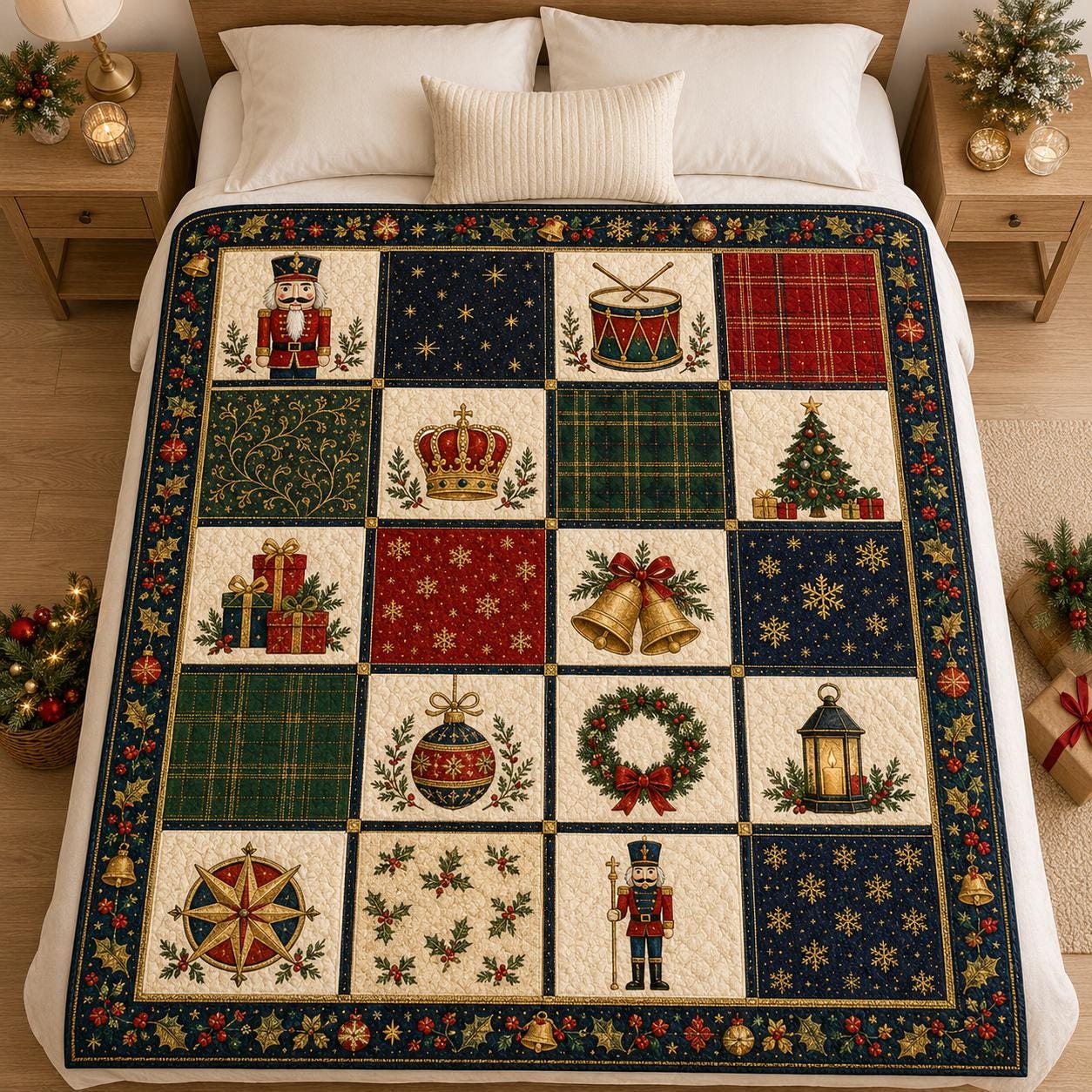 Nutcracker Christmas Quilted Style Blanket And Holiday Patchwork Bedding – Classic Festive Winter Xmas Bed Throw Decor