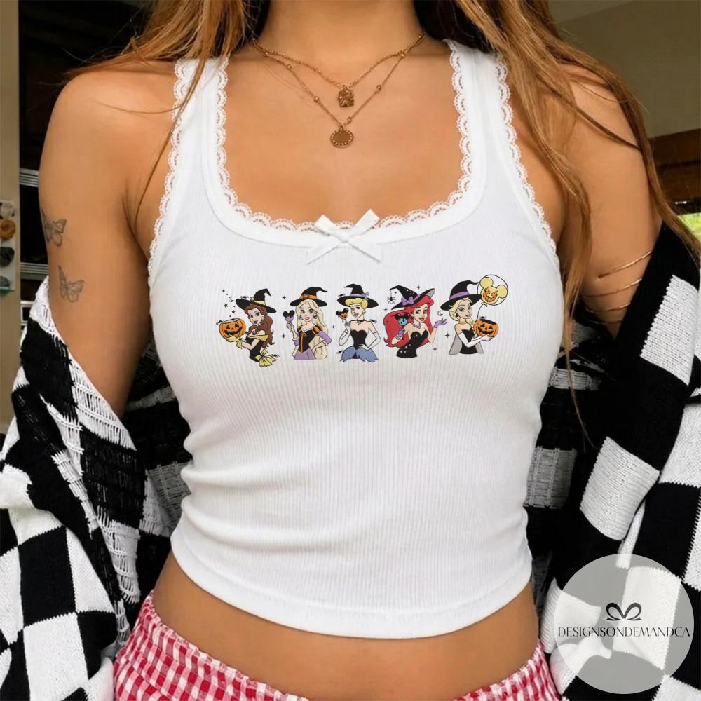 Embroidered Disney Princess Halloween Shirt with Elsa Ariel Belle and Cinderella – WDW Disneyland Baby Tee Lace Trim Tank