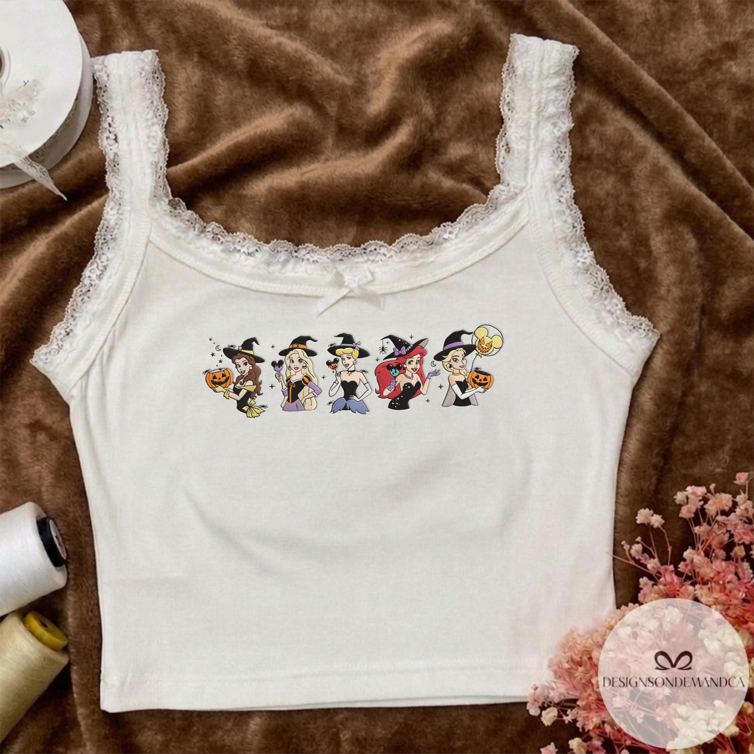Embroidered Disney Princess Halloween Shirt with Elsa Ariel Belle and Cinderella – WDW Disneyland Baby Tee Lace Trim Tank - photo 15