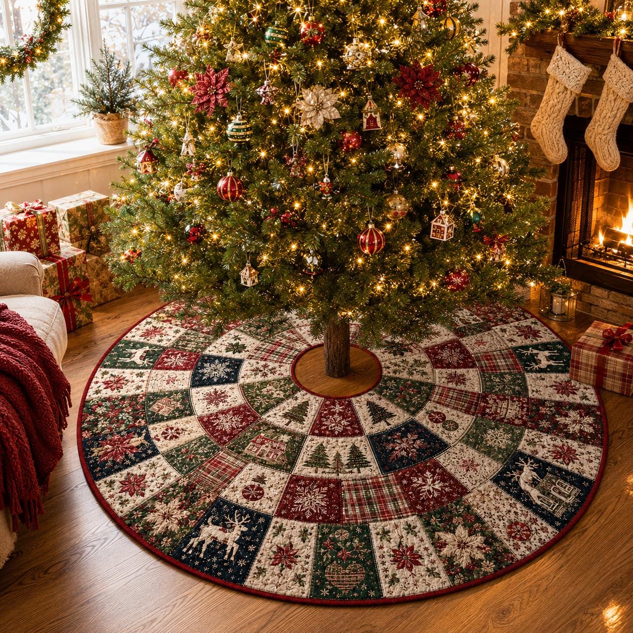 Quilted Style Christmas Tree Skirt – Vintage Patchwork and Traditional Farmhouse Skirt for Red and Green Holiday Tree Decor