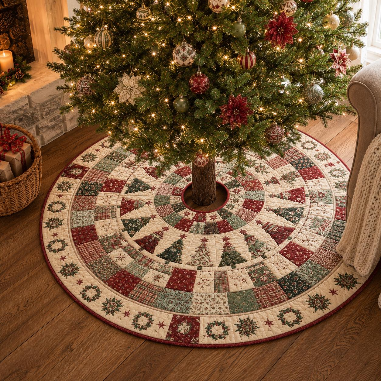 Quilted Style Christmas Tree Skirt – Vintage Patchwork and Traditional Farmhouse Skirt for Red and Green Holiday Tree Decor - photo 2