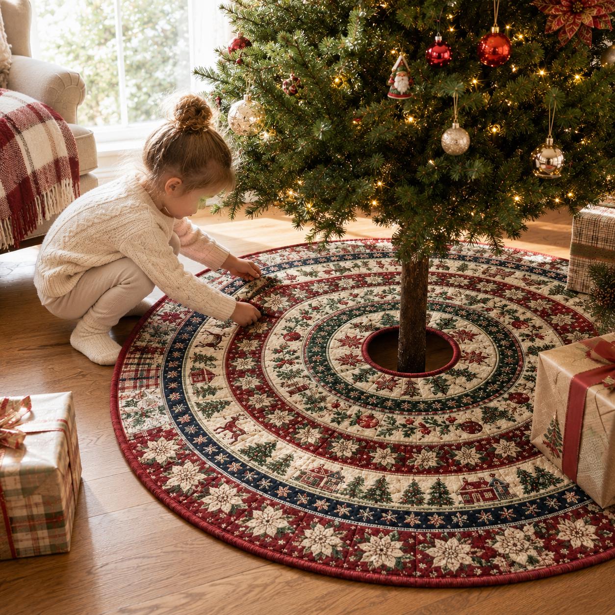 Quilted Style Christmas Tree Skirt – Vintage Patchwork and Traditional Farmhouse Skirt for Red and Green Holiday Tree Decor - photo 3