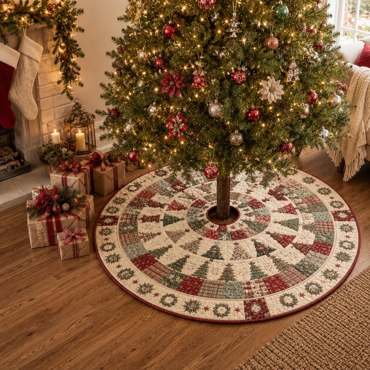 Quilted Style Christmas Tree Skirt – Vintage Patchwork and Traditional Farmhouse Skirt for Red and Green Holiday Tree Decor - photo 5