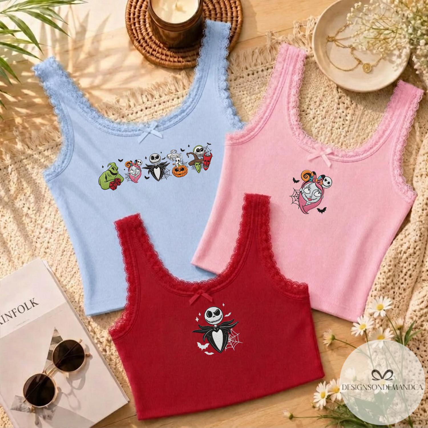 Embroidered Nightmare Before Christmas Jack Skellington Sally and Oogie Boogie Shirt – Coquette Bow Disney Halloween Baby Tee Lace Trim Tank