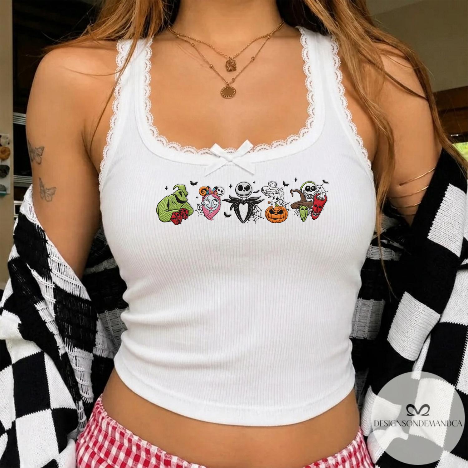 Embroidered Nightmare Before Christmas Jack Skellington Sally and Oogie Boogie Shirt – Coquette Bow Disney Halloween Baby Tee Lace Trim Tank - photo 3