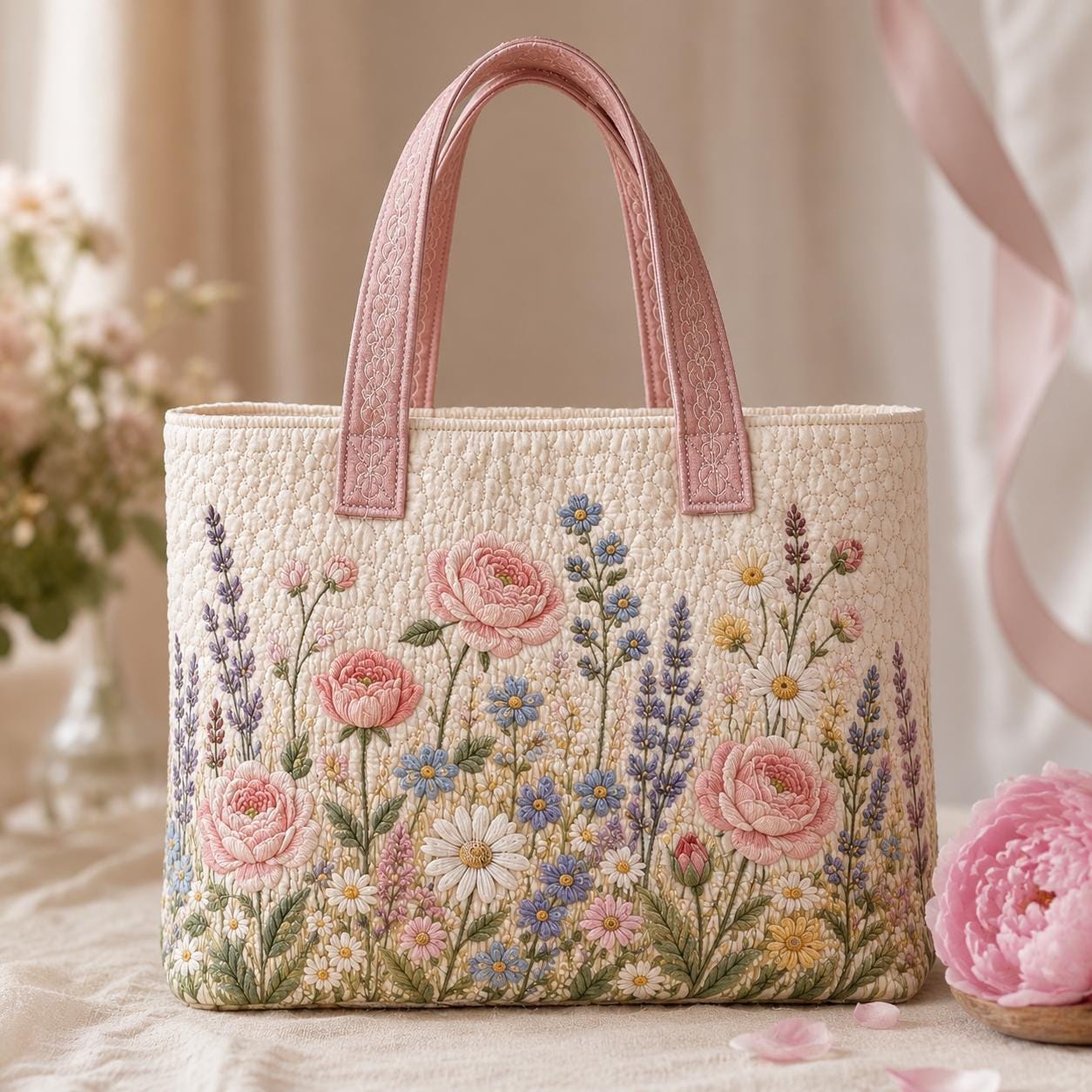 Personalized Custom Name Floral Quilted Styleed Tote Bag – Embroidered Wildflower And Flower Cottagecore Garden Shoulder Purse Gift For Her - photo 2