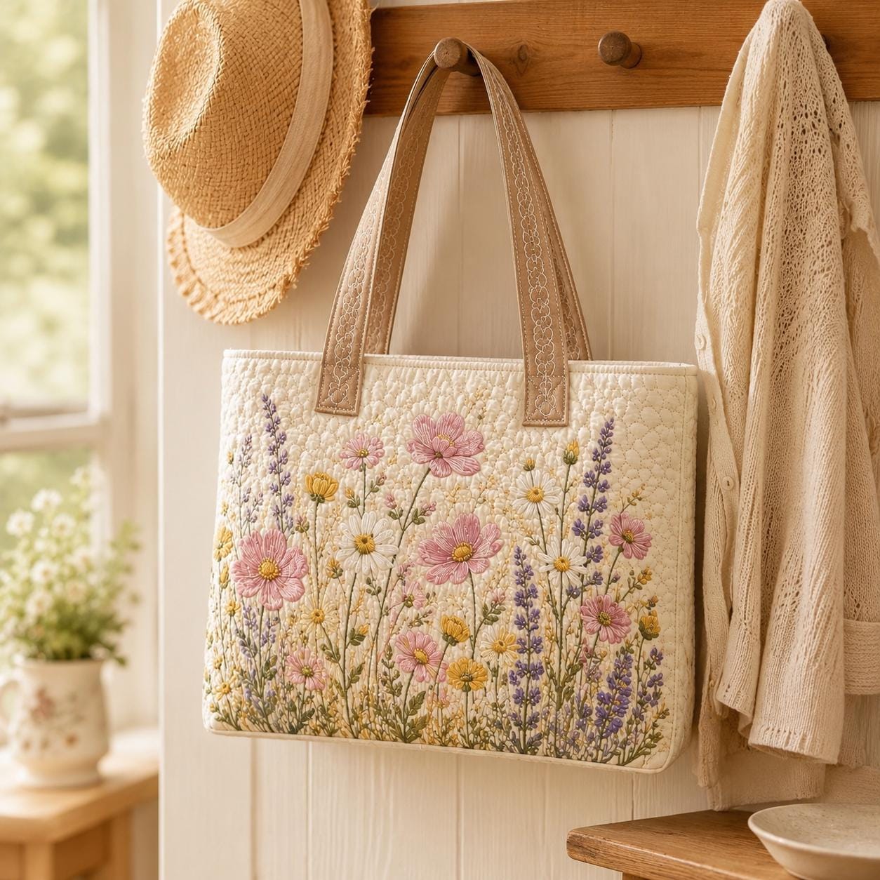 Personalized Custom Name Floral Quilted Styleed Tote Bag – Embroidered Wildflower And Flower Cottagecore Garden Shoulder Purse Gift For Her - photo 3