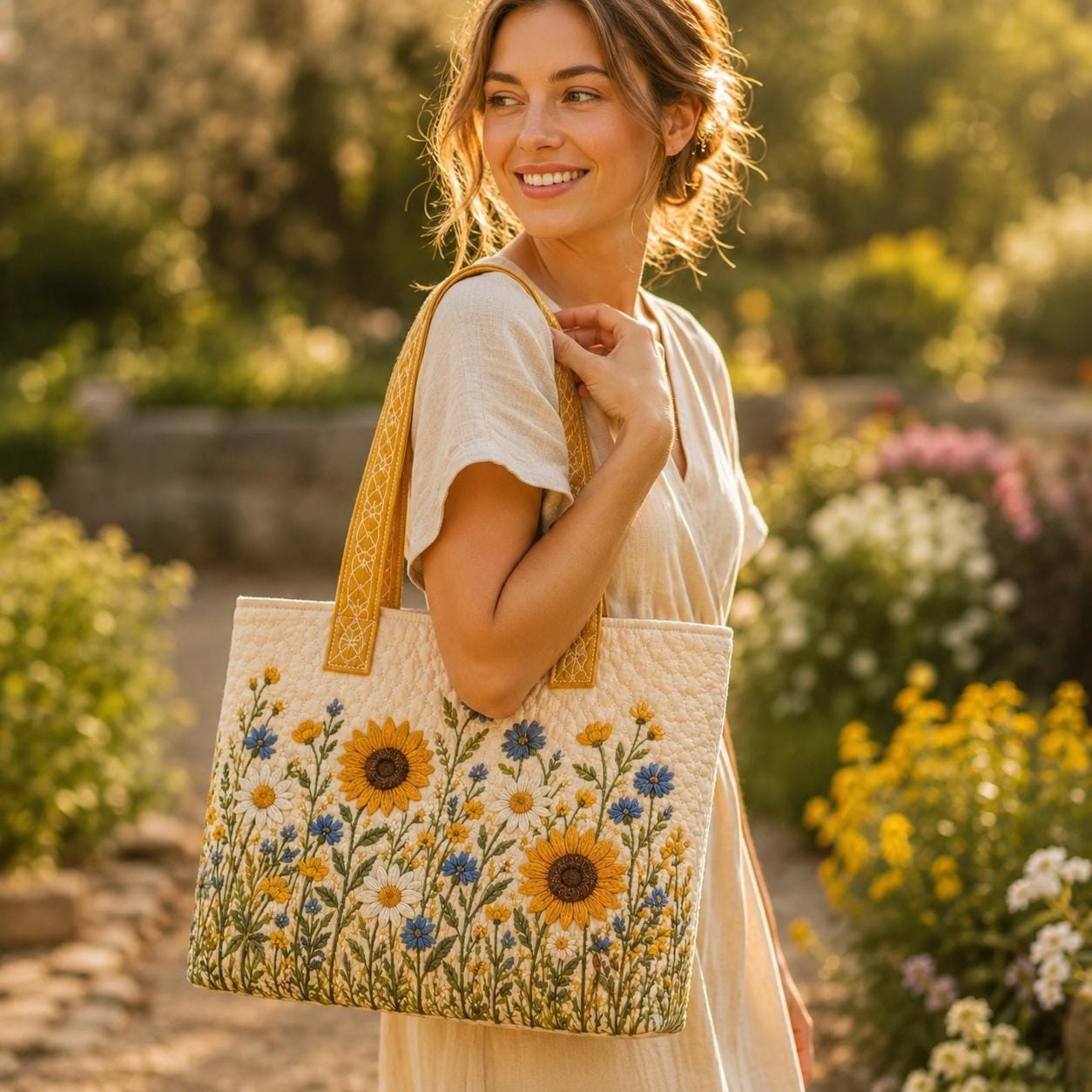 Personalized Custom Name Floral Quilted Styleed Tote Bag – Embroidered Wildflower And Flower Cottagecore Garden Shoulder Purse Gift For Her - photo 4