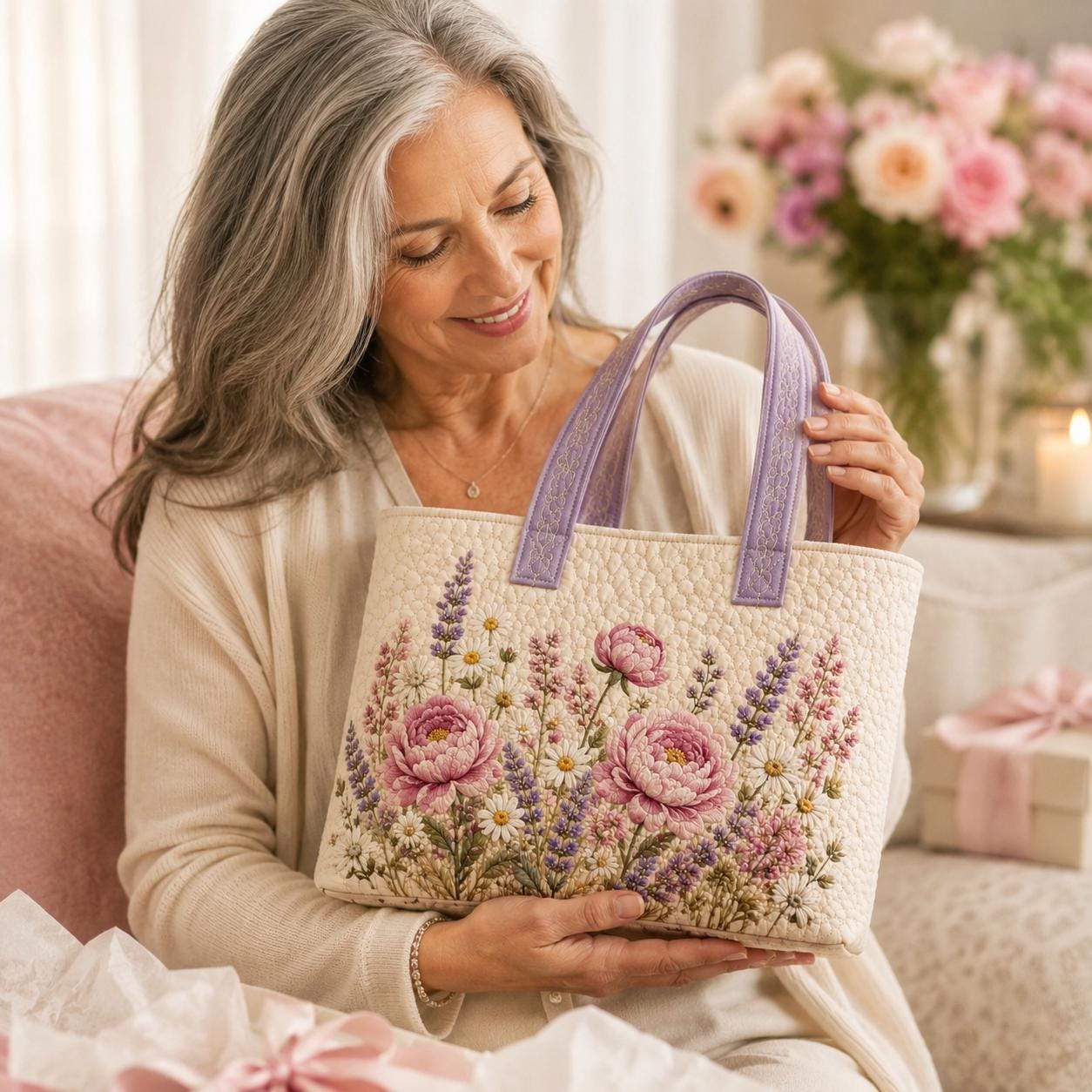 Personalized Custom Name Floral Quilted Styleed Tote Bag – Embroidered Wildflower And Flower Cottagecore Garden Shoulder Purse Gift For Her - photo 7