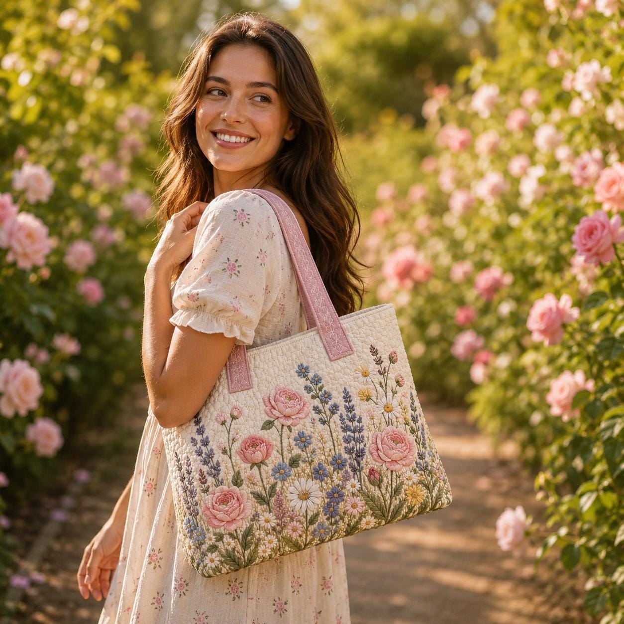 Personalized Custom Name Floral Quilted Styleed Tote Bag – Embroidered Wildflower And Flower Cottagecore Garden Shoulder Purse Gift For Her - photo 12