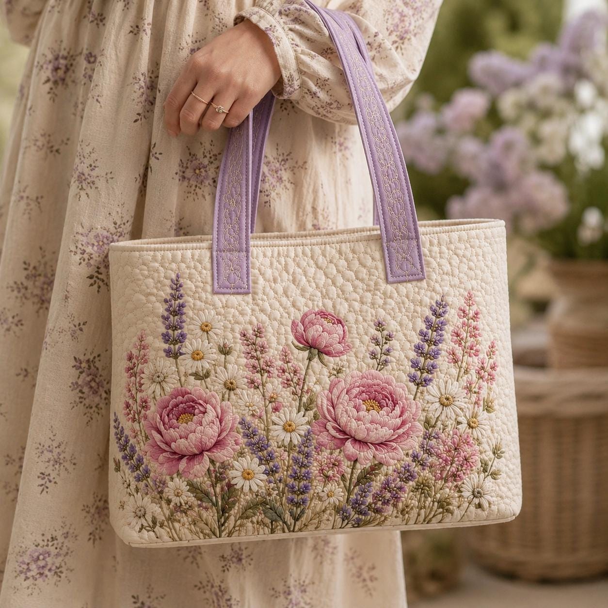 Personalized Custom Name Floral Quilted Styleed Tote Bag – Embroidered Wildflower And Flower Cottagecore Garden Shoulder Purse Gift For Her - photo 14