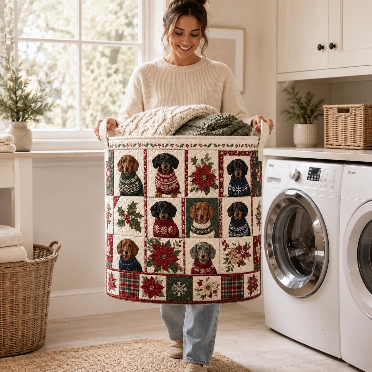 Laundry Basket and Storage Bin with Quilted Styleed Dachshund Wiener Dog and Sweater for Holiday Pet Toy Organizer and Custom Photo