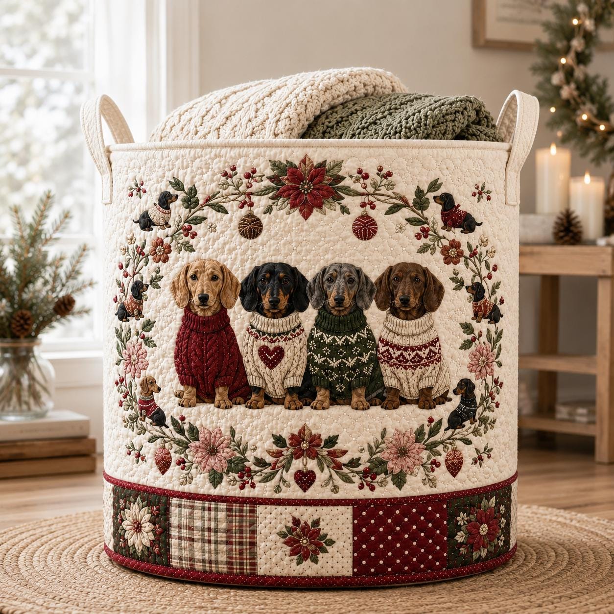 Laundry Basket and Storage Bin with Quilted Styleed Dachshund Wiener Dog and Sweater for Holiday Pet Toy Organizer and Custom Photo - photo 2