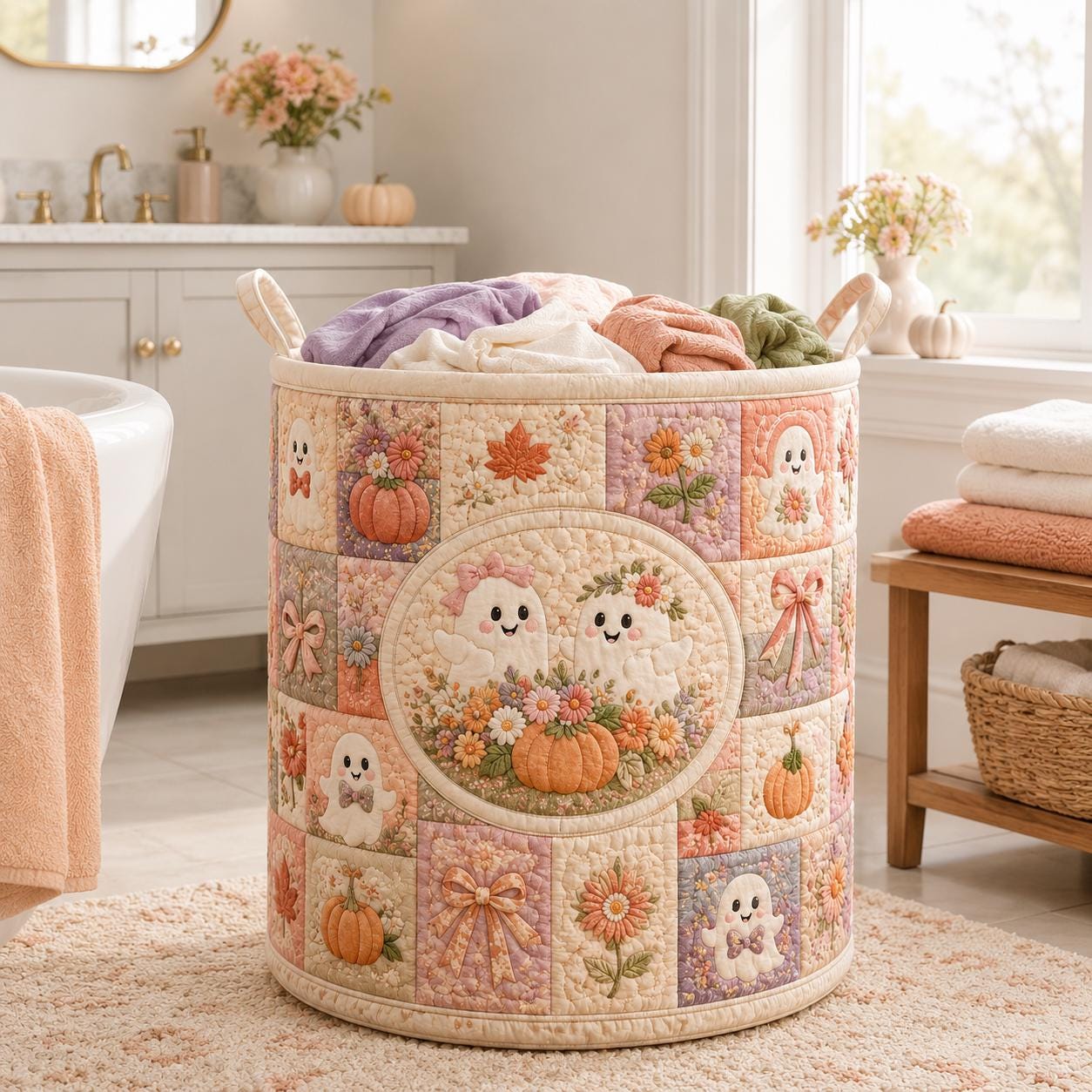 Cute Spooky Halloween Ghost And Pumpkin Quilted Styleed Laundry Basket – Autumn Fall Storage Bin Nursery Hamper Organizer For Home Decor