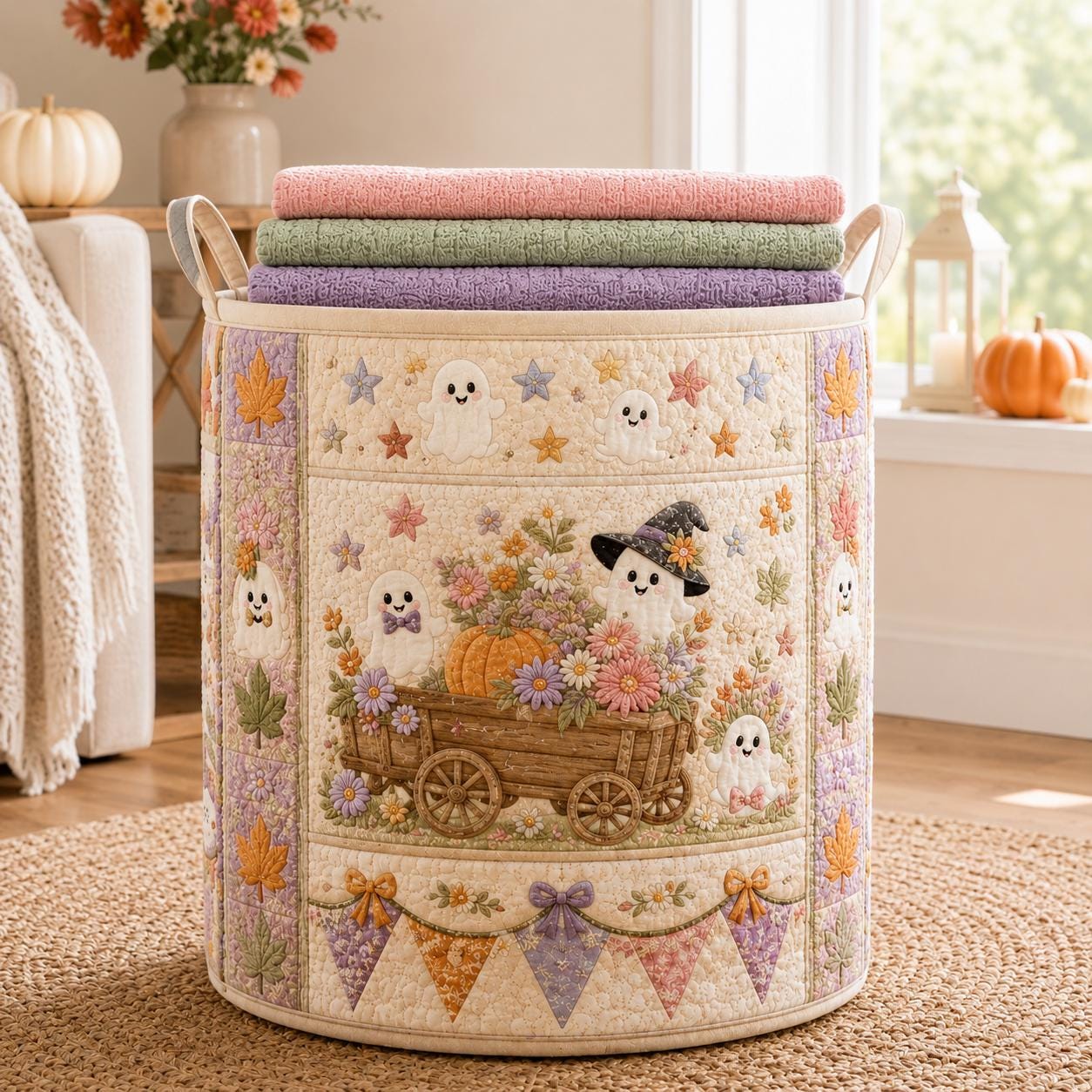 Cute Spooky Halloween Ghost And Pumpkin Quilted Styleed Laundry Basket – Autumn Fall Storage Bin Nursery Hamper Organizer For Home Decor - photo 2