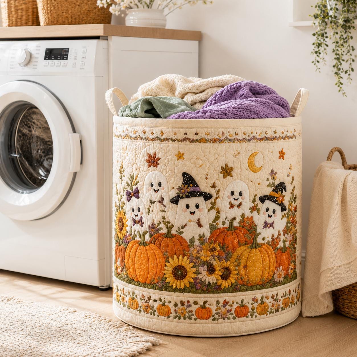 Cute Spooky Halloween Ghost And Pumpkin Quilted Styleed Laundry Basket – Autumn Fall Storage Bin Nursery Hamper Organizer For Home Decor - photo 3