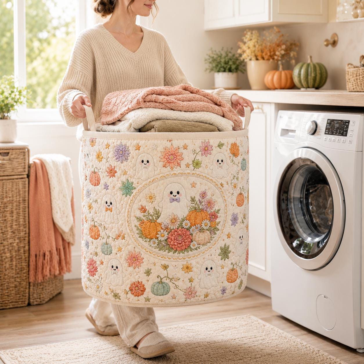Cute Spooky Halloween Ghost And Pumpkin Quilted Styleed Laundry Basket – Autumn Fall Storage Bin Nursery Hamper Organizer For Home Decor - photo 6