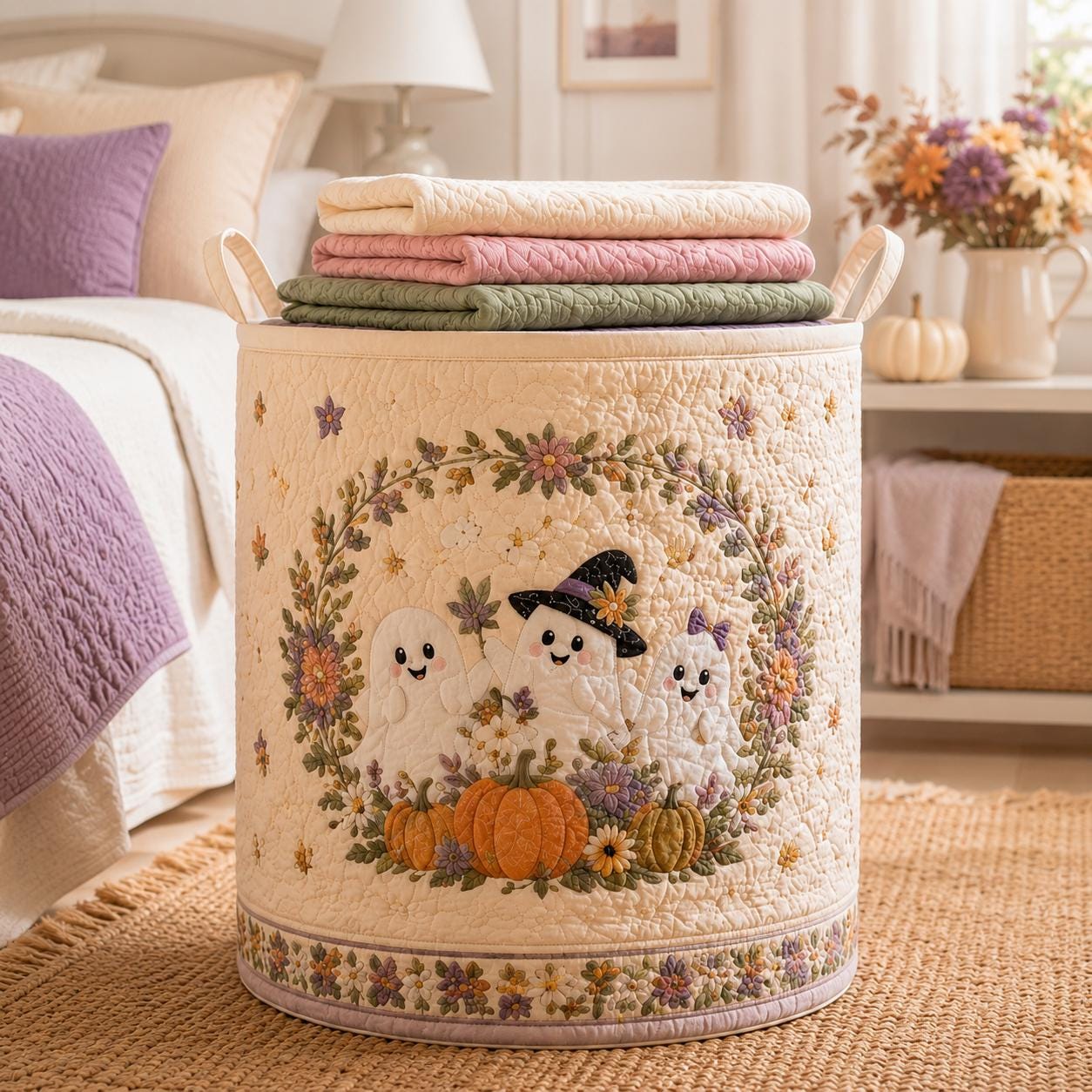 Cute Spooky Halloween Ghost And Pumpkin Quilted Styleed Laundry Basket – Autumn Fall Storage Bin Nursery Hamper Organizer For Home Decor - photo 7