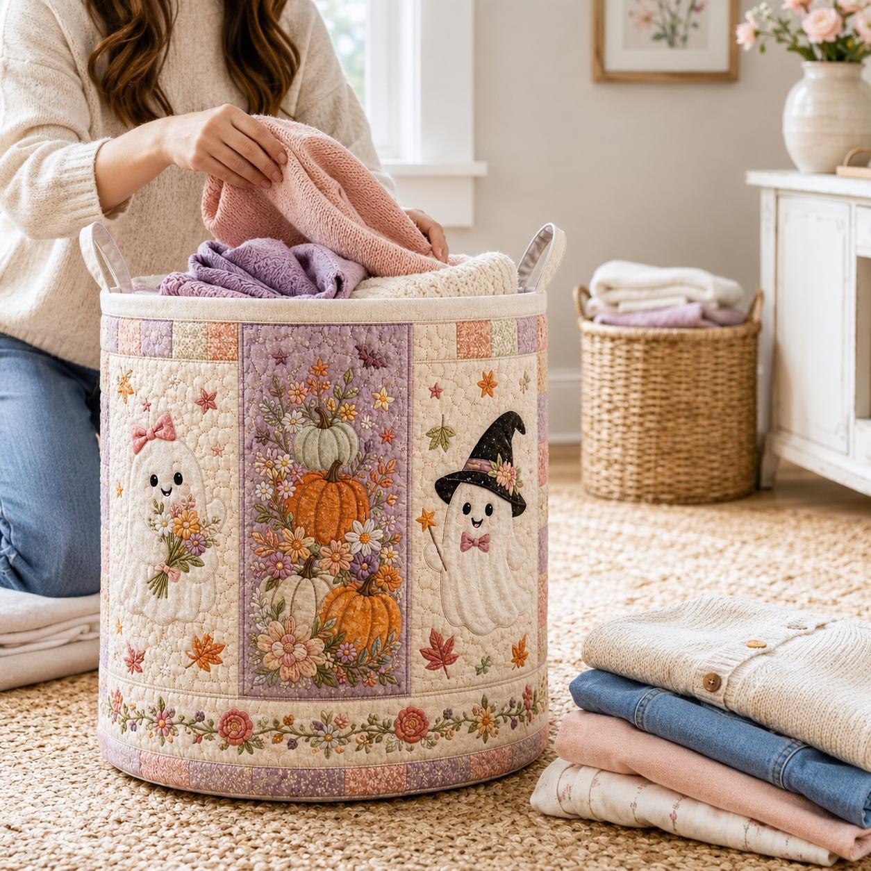 Cute Spooky Halloween Ghost And Pumpkin Quilted Styleed Laundry Basket – Autumn Fall Storage Bin Nursery Hamper Organizer For Home Decor - photo 8