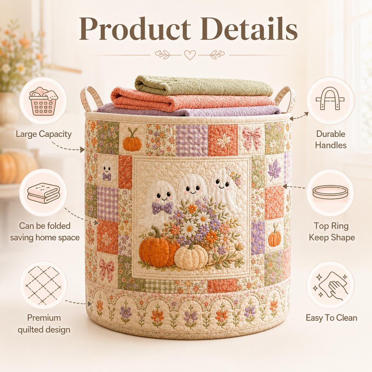 Cute Spooky Halloween Ghost And Pumpkin Quilted Styleed Laundry Basket – Autumn Fall Storage Bin Nursery Hamper Organizer For Home Decor - photo 9