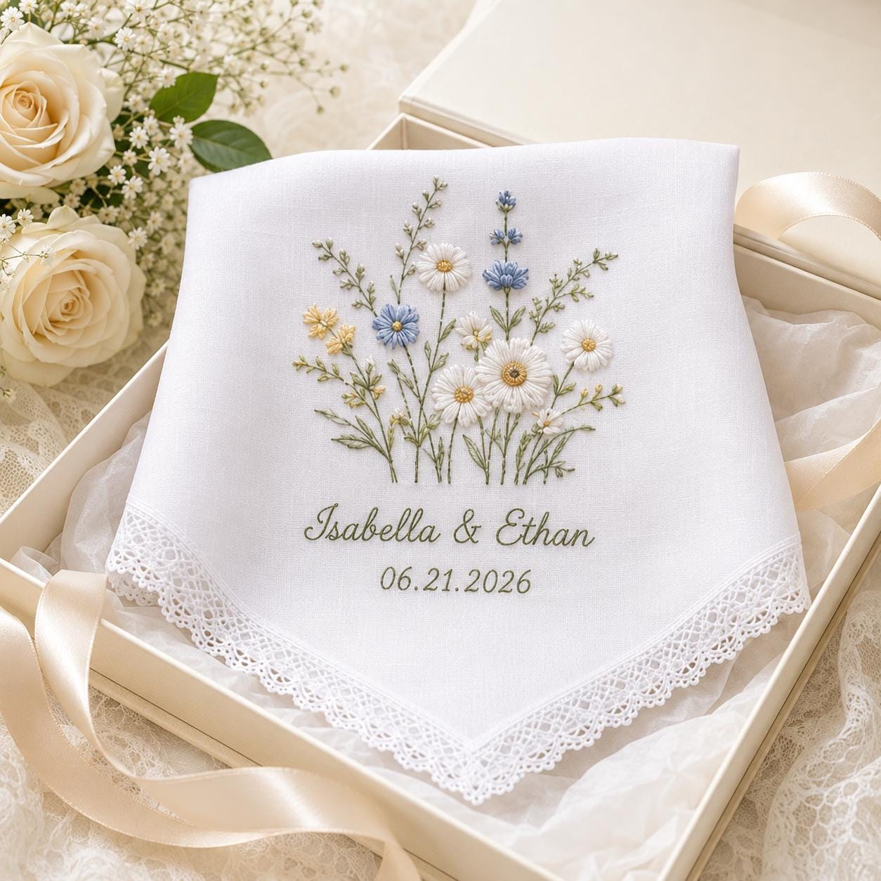 Custom Embroidered Wedding Handkerchief with Personalized Couple Name Lace Hankie and Wildflower Bridal Keepsake Date Gift