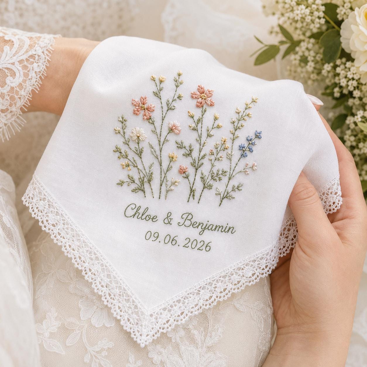 Custom Embroidered Wedding Handkerchief with Personalized Couple Name Lace Hankie and Wildflower Bridal Keepsake Date Gift - photo 2