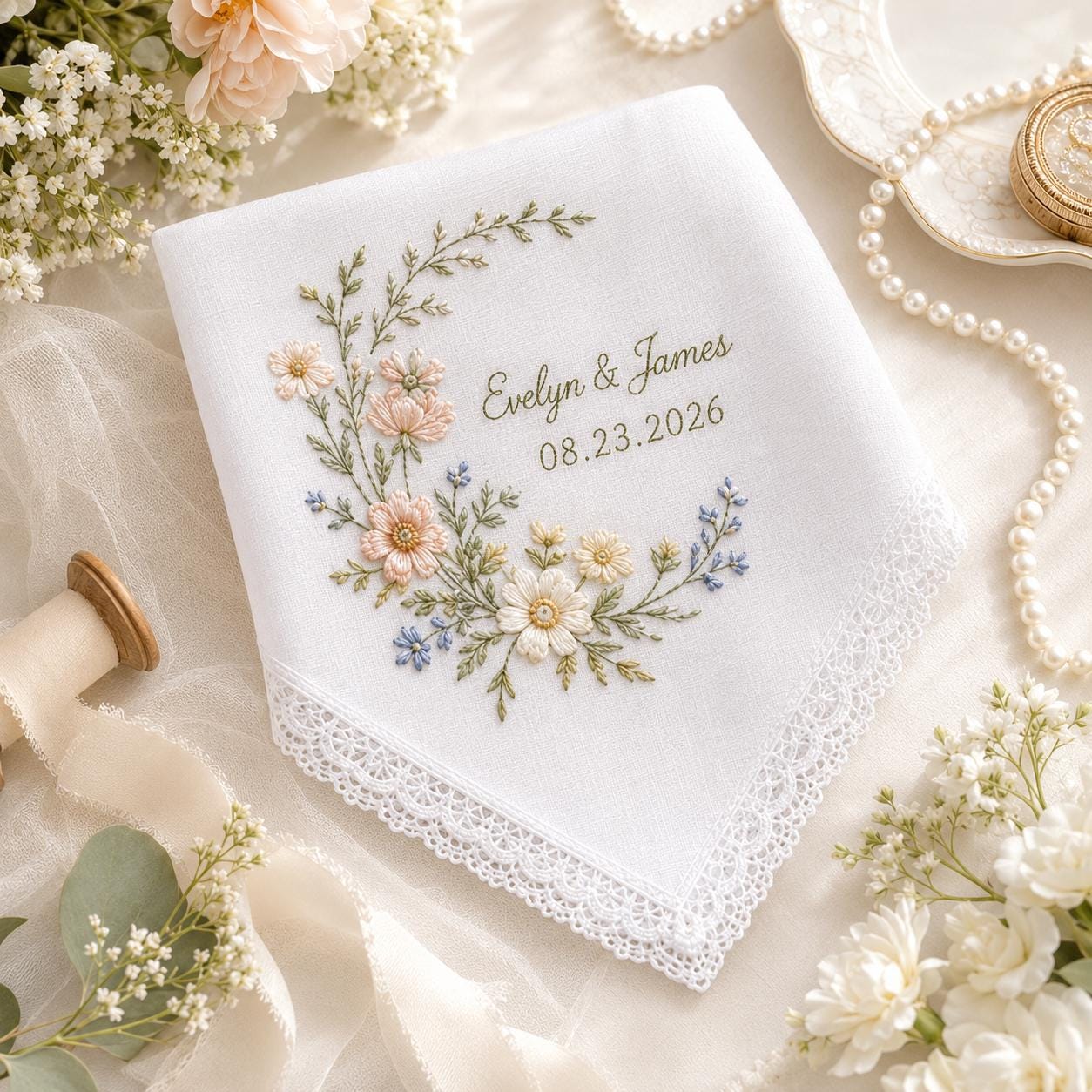 Custom Embroidered Wedding Handkerchief with Personalized Couple Name Lace Hankie and Wildflower Bridal Keepsake Date Gift - photo 3