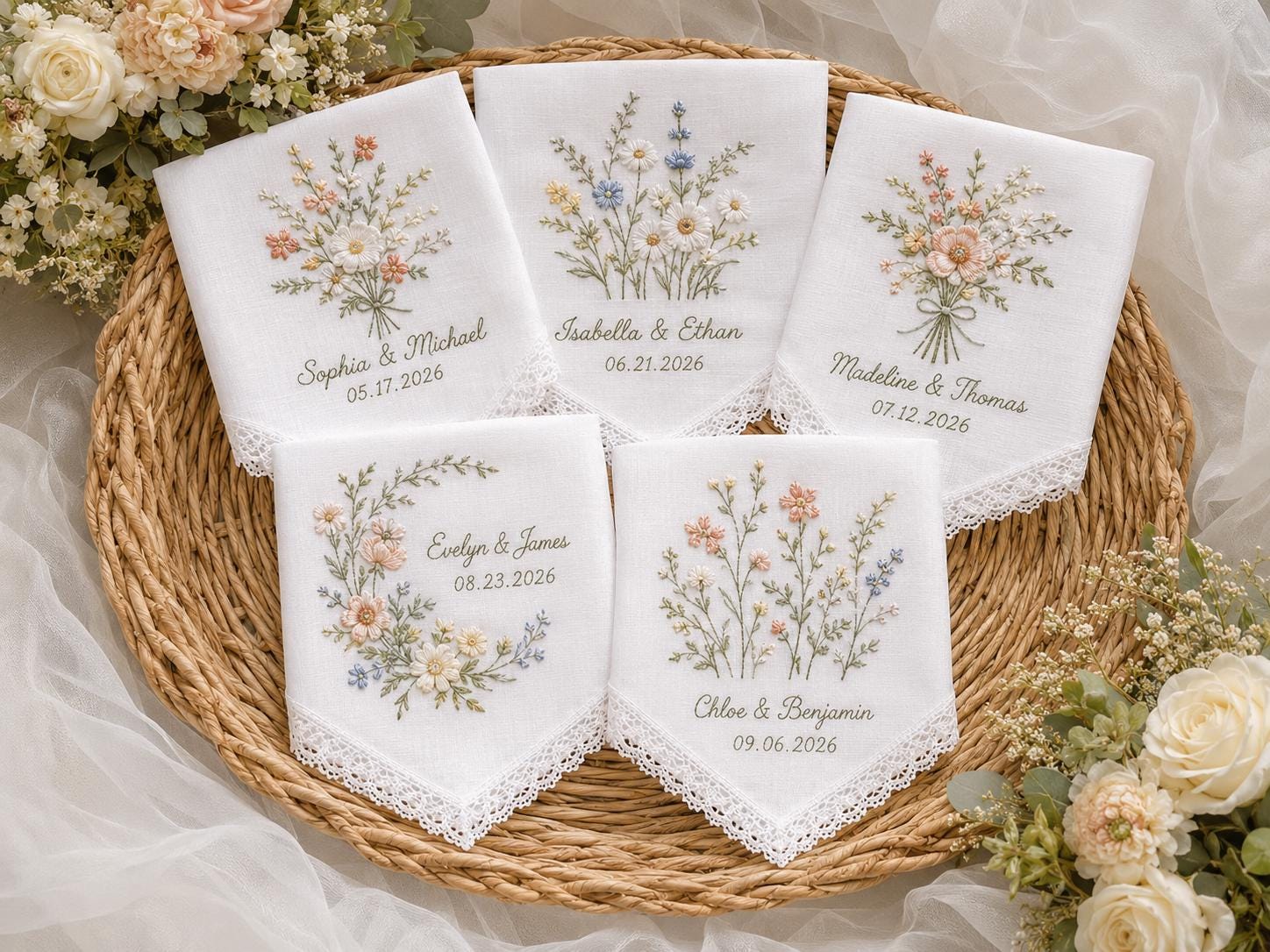 Custom Embroidered Wedding Handkerchief with Personalized Couple Name Lace Hankie and Wildflower Bridal Keepsake Date Gift - photo 4