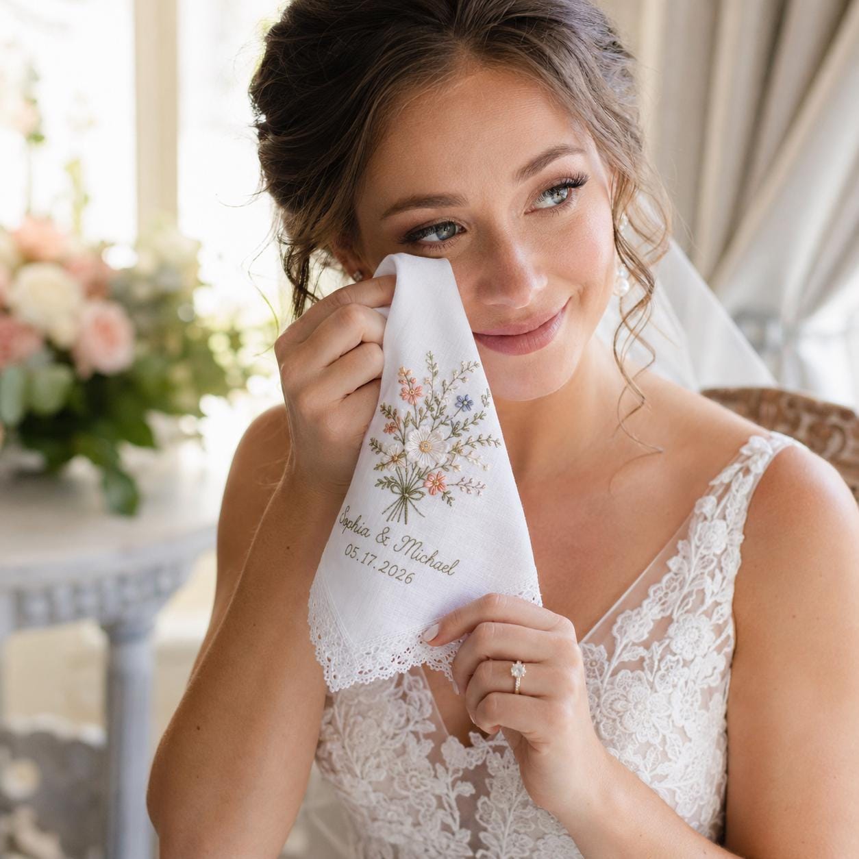 Custom Embroidered Wedding Handkerchief with Personalized Couple Name Lace Hankie and Wildflower Bridal Keepsake Date Gift - photo 8
