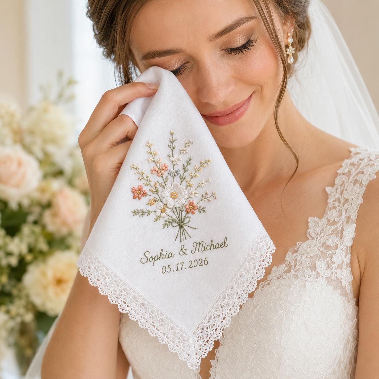 Custom Embroidered Wedding Handkerchief with Personalized Couple Name Lace Hankie and Wildflower Bridal Keepsake Date Gift - photo 9