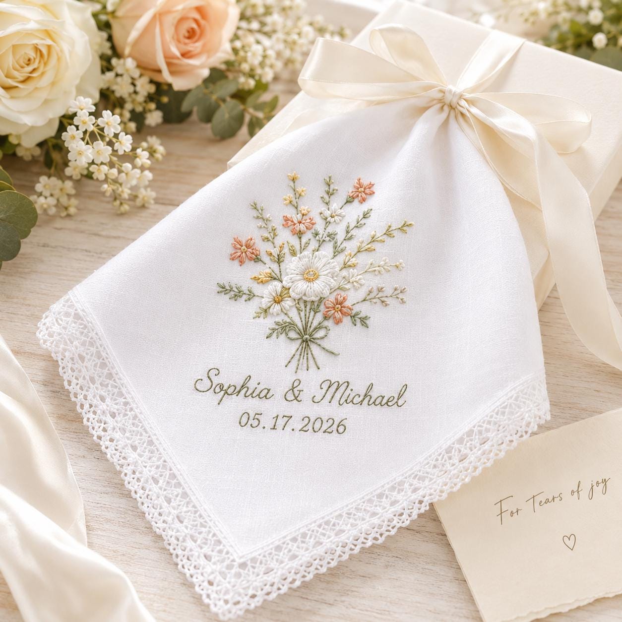 Custom Embroidered Wedding Handkerchief with Personalized Couple Name Lace Hankie and Wildflower Bridal Keepsake Date Gift - photo 10