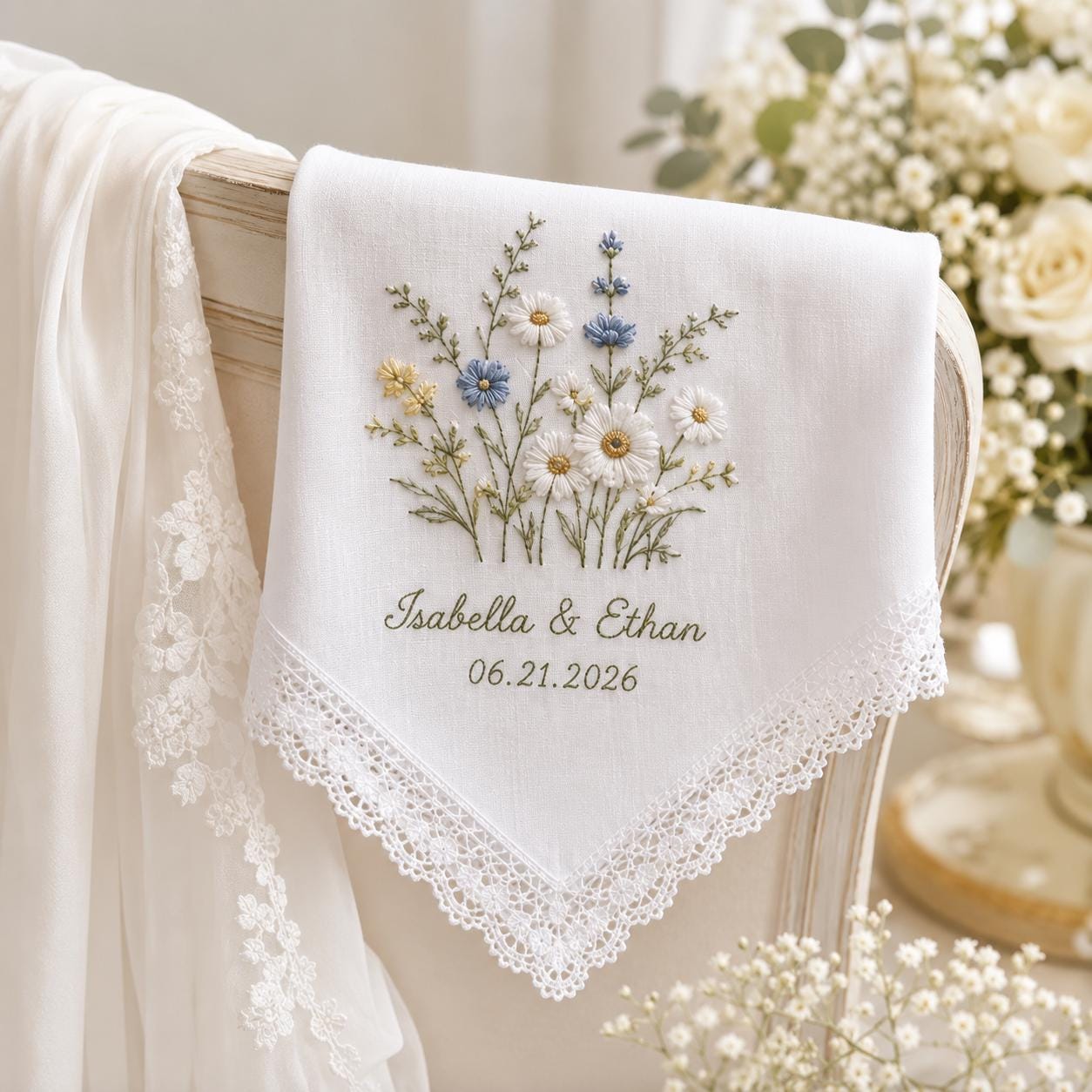 Custom Embroidered Wedding Handkerchief with Personalized Couple Name Lace Hankie and Wildflower Bridal Keepsake Date Gift - photo 11