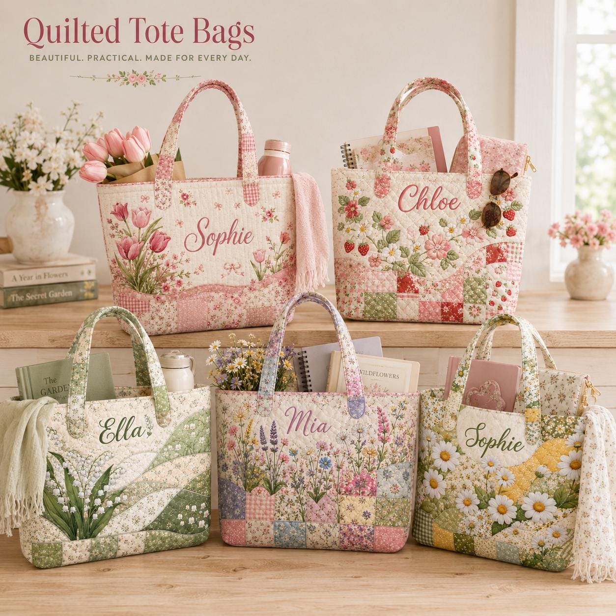 Tote Bag and Shoulder Purse with Personalized Floral Style and Custom Name Patchwork for Cottagecore Garden Flower Bridesmaid Gift