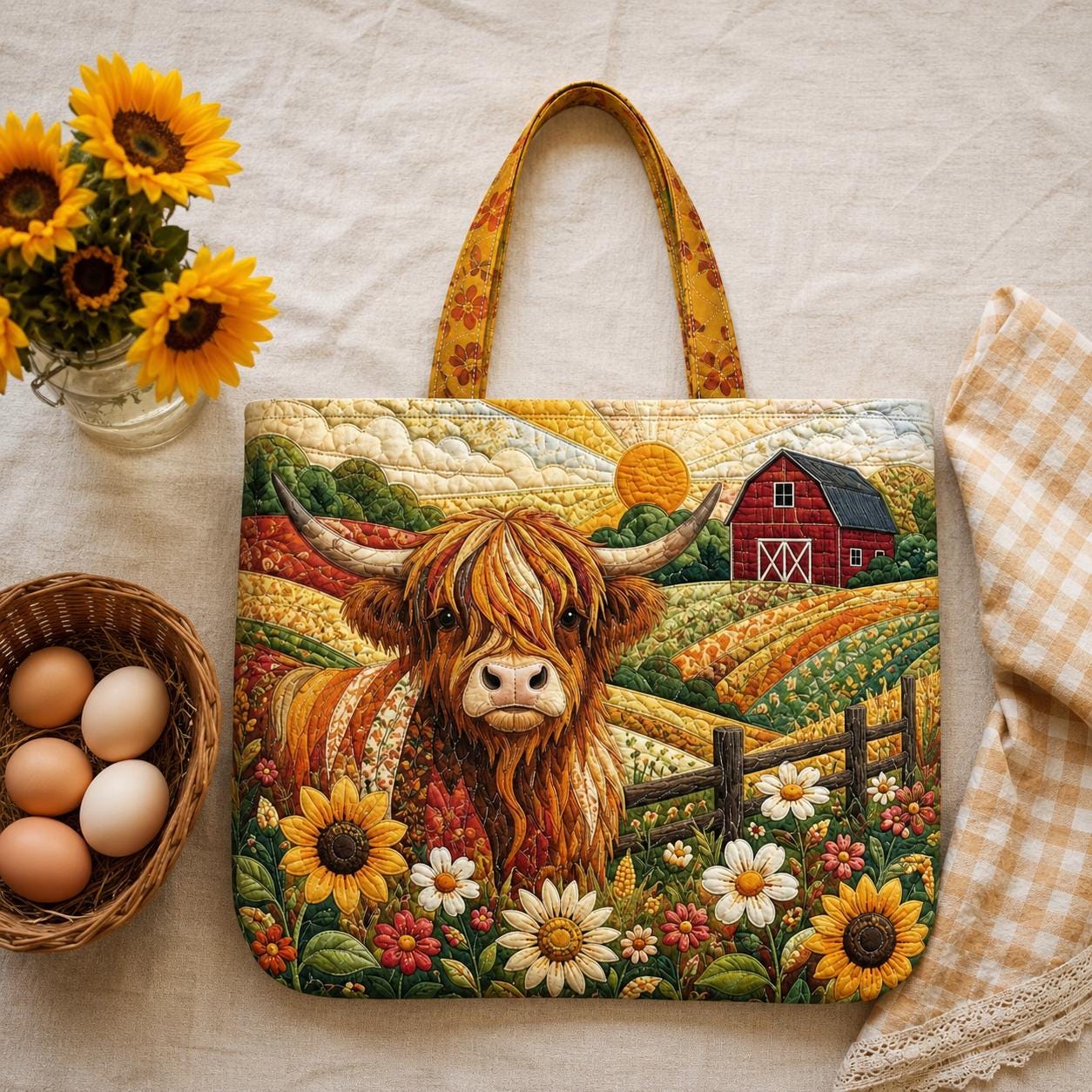Tote Bag and Shoulder Bag with Personalized Farm Quilted Styleed Country Patchwork for Highland Cow Goose Bunny Cat Sunflower Gift For Her - photo 2