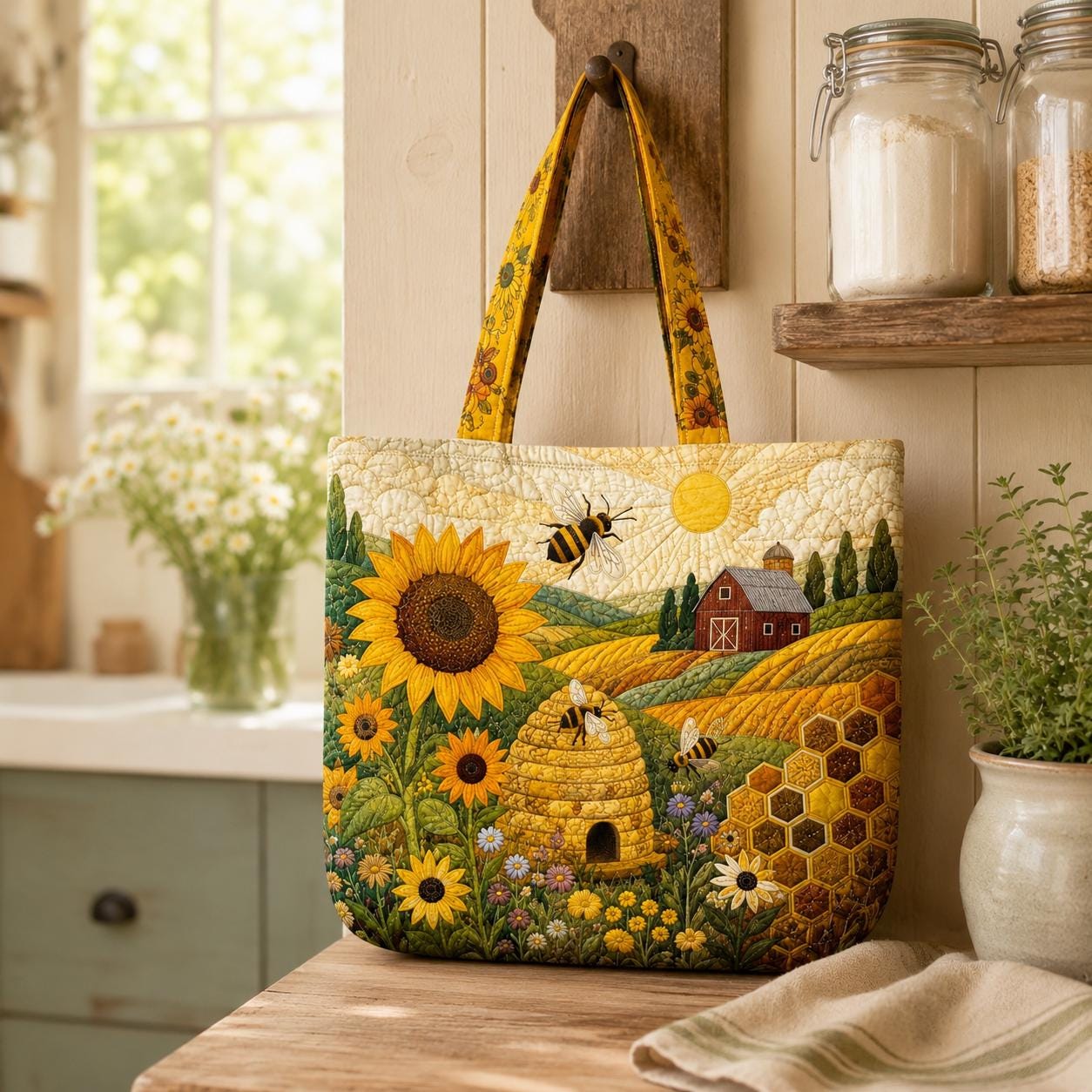 Tote Bag and Shoulder Bag with Personalized Farm Quilted Styleed Country Patchwork for Highland Cow Goose Bunny Cat Sunflower Gift For Her - photo 3