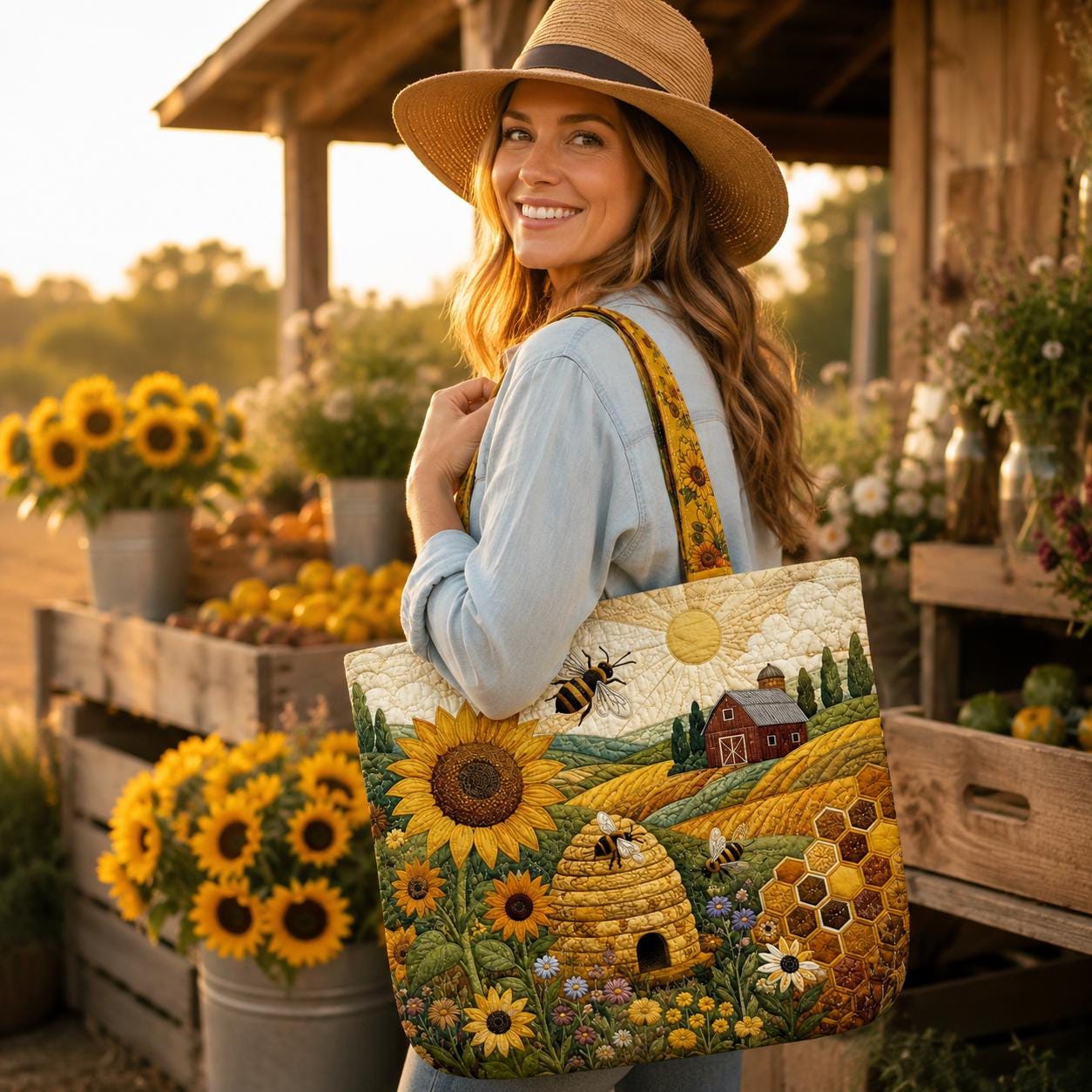 Tote Bag and Shoulder Bag with Personalized Farm Quilted Styleed Country Patchwork for Highland Cow Goose Bunny Cat Sunflower Gift For Her - photo 13