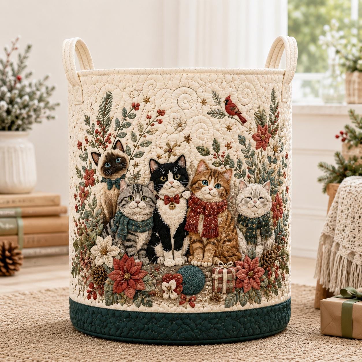 Cats Garden Storage Basket with Kitten Lover Laundry Hamper and Cat Lovers Home Decor Quilted Styled