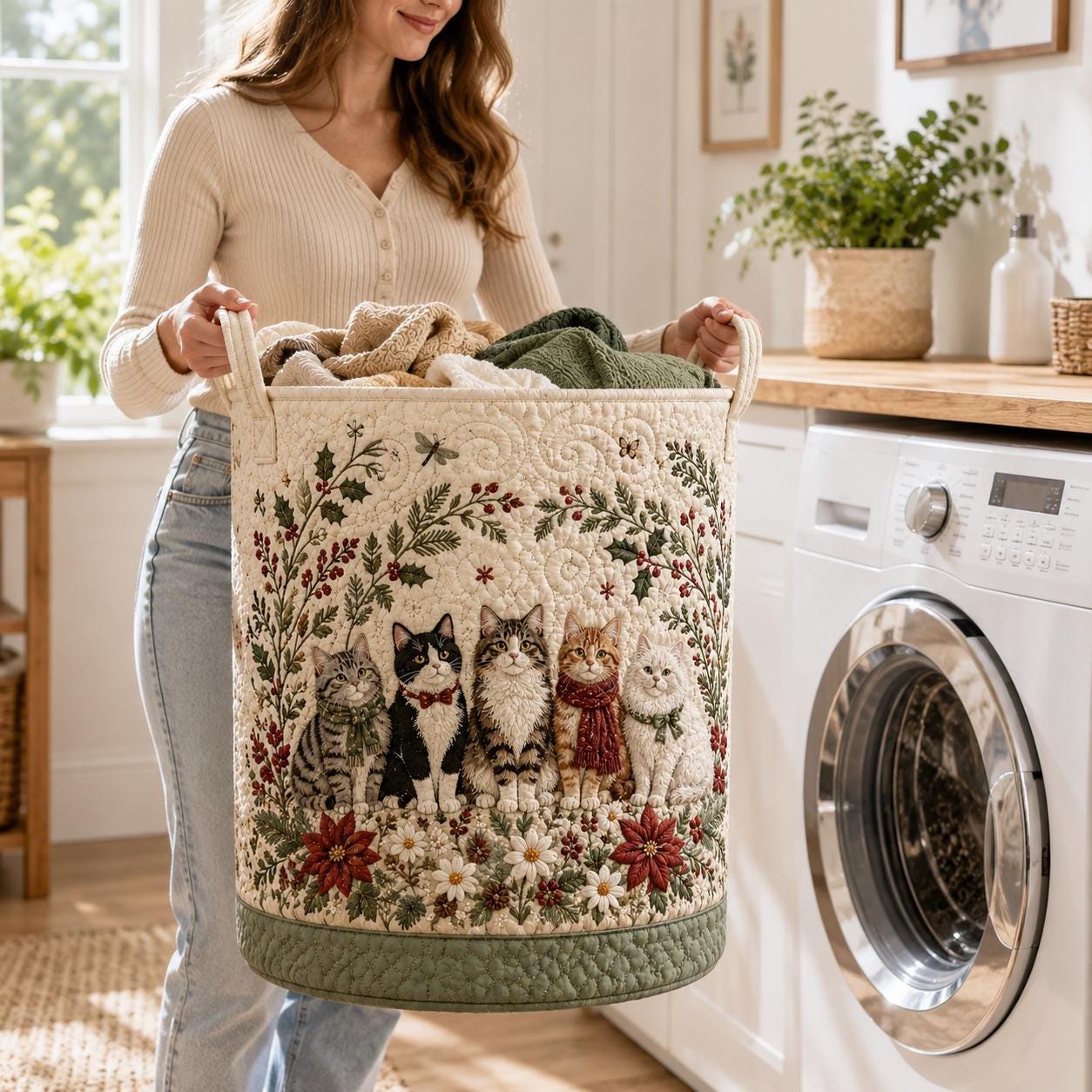 Cats Garden Storage Basket with Kitten Lover Laundry Hamper and Cat Lovers Home Decor Quilted Styled - photo 2