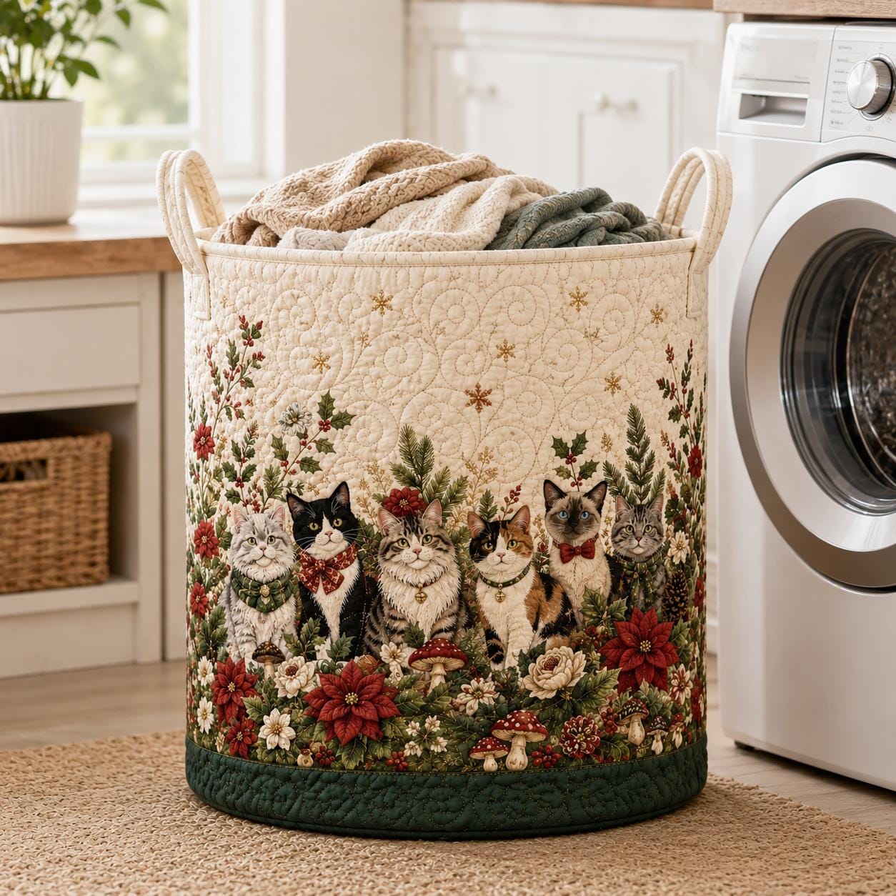 Cats Garden Storage Basket with Kitten Lover Laundry Hamper and Cat Lovers Home Decor Quilted Styled - photo 3