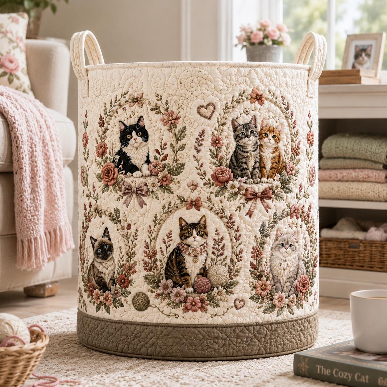 Cats Garden Storage Basket with Kitten Lover Laundry Hamper and Cat Lovers Home Decor Quilted Styled - photo 4