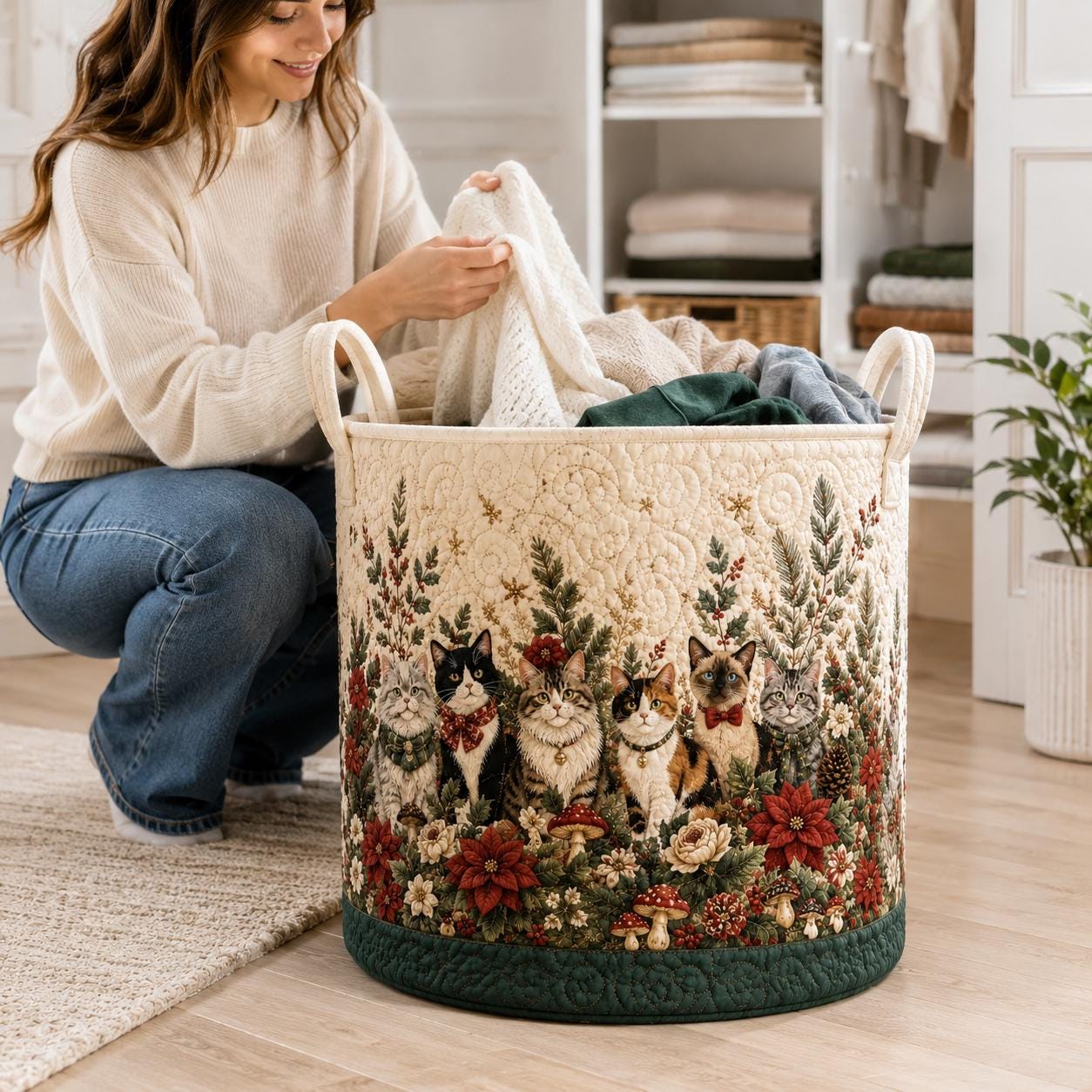 Cats Garden Storage Basket with Kitten Lover Laundry Hamper and Cat Lovers Home Decor Quilted Styled - photo 8