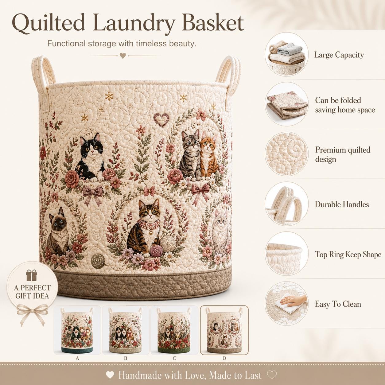 Cats Garden Storage Basket with Kitten Lover Laundry Hamper and Cat Lovers Home Decor Quilted Styled - photo 9