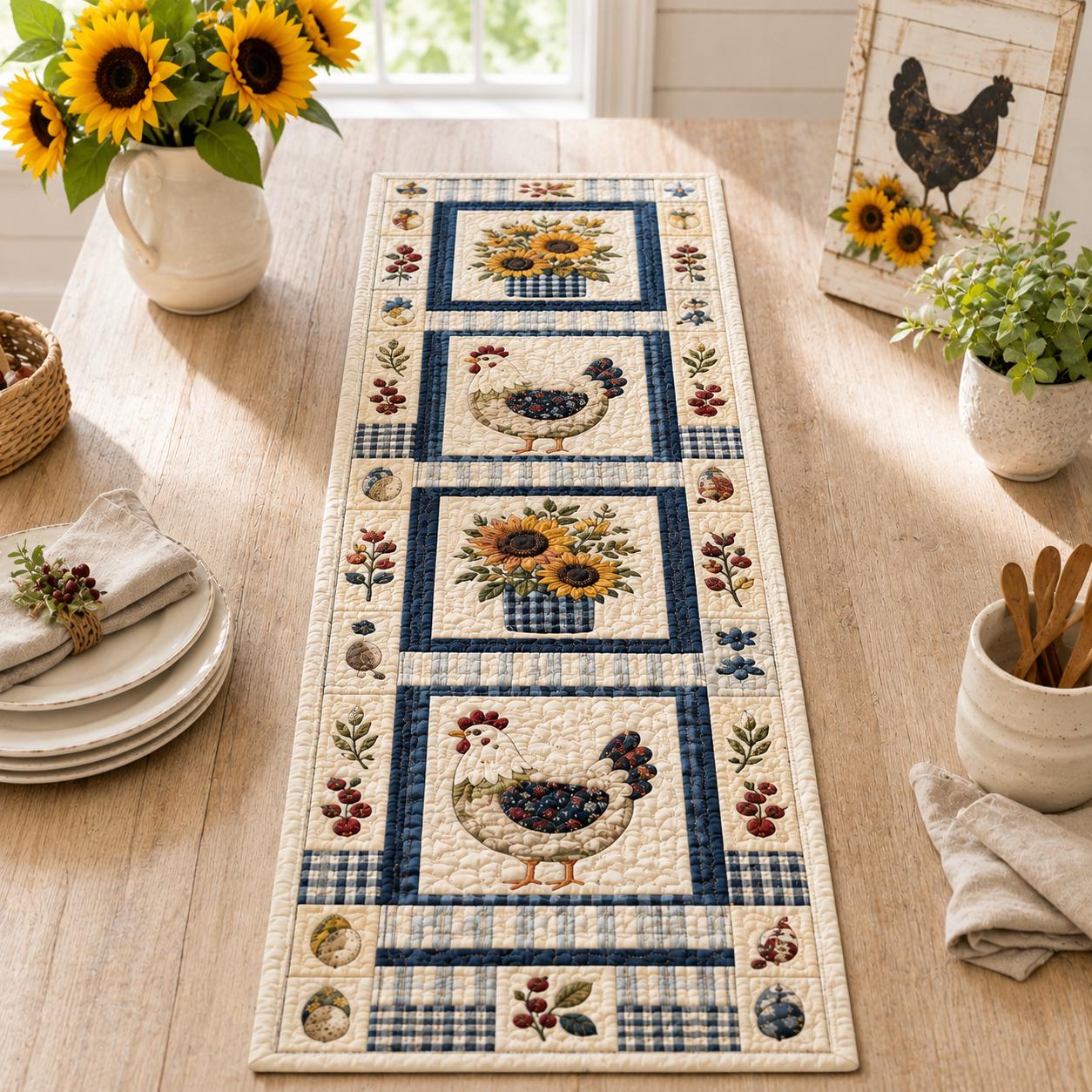 Farmhouse Chicken and Sunflower Quilted Style Table Runner for Rustic Country Table Decor