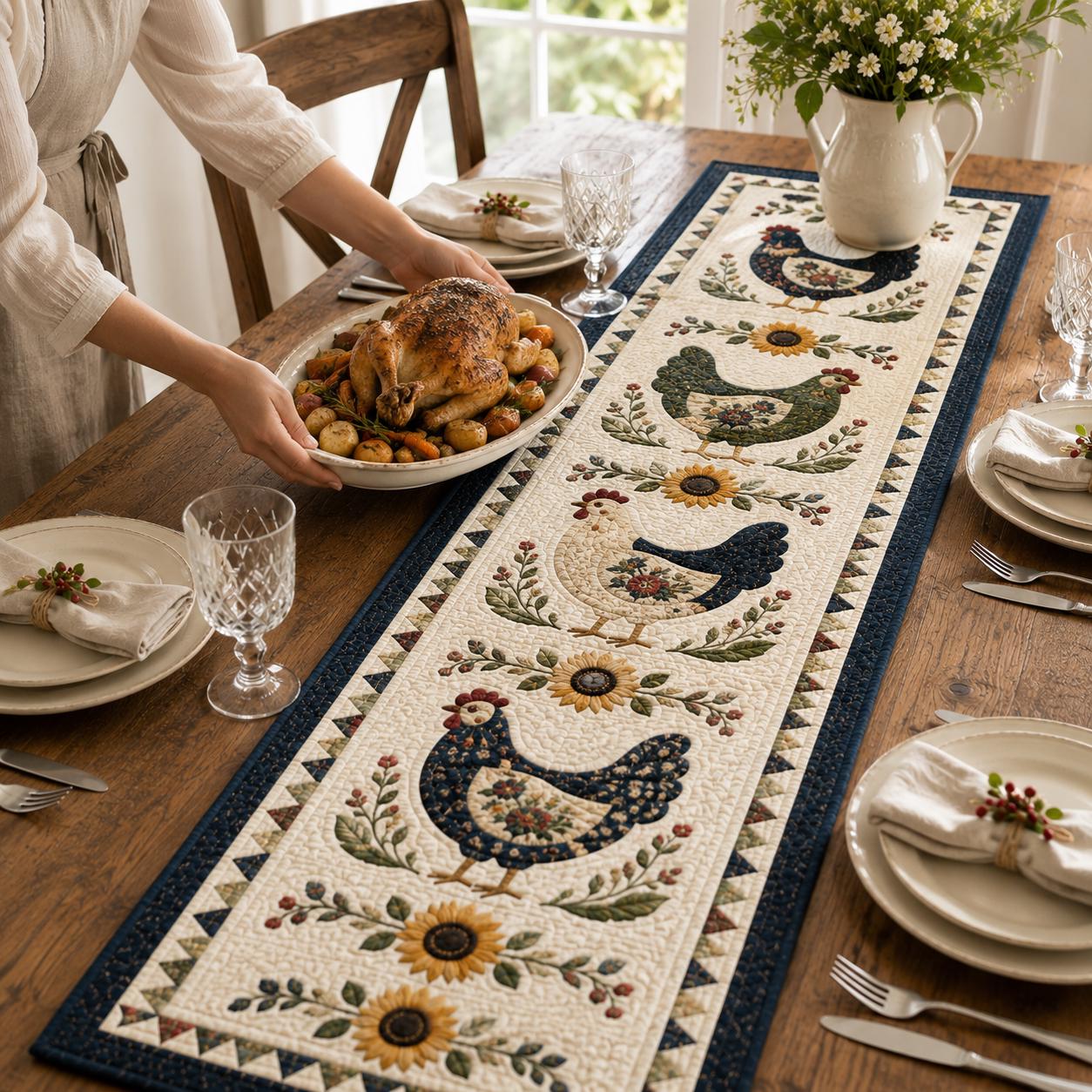 Farmhouse Chicken and Sunflower Quilted Style Table Runner for Rustic Country Table Decor - photo 2
