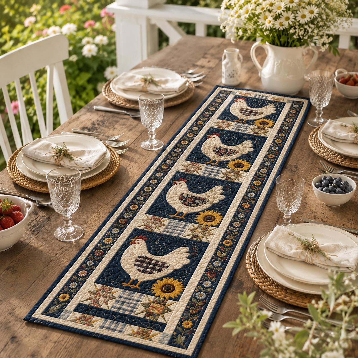 Farmhouse Chicken and Sunflower Quilted Style Table Runner for Rustic Country Table Decor - photo 3