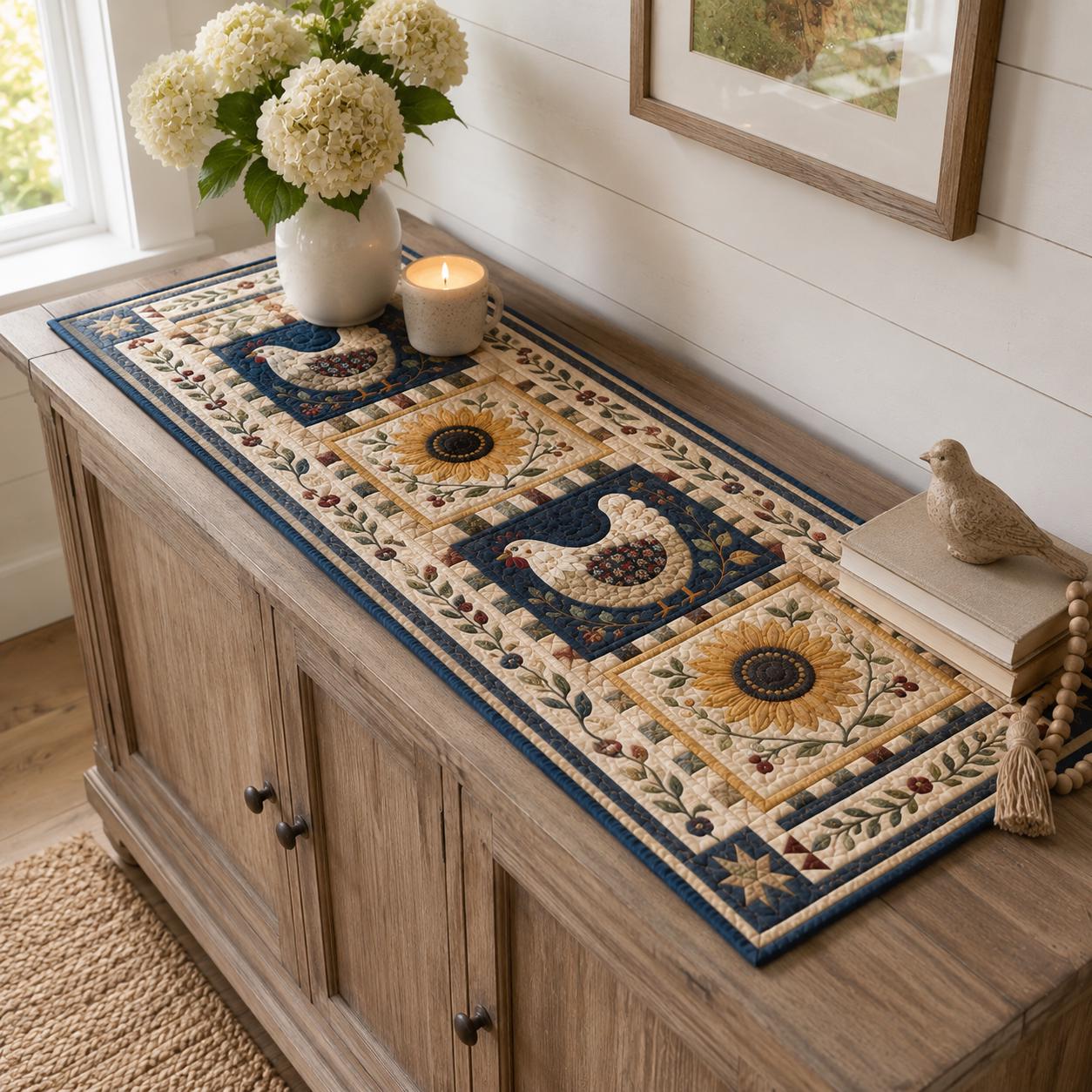 Farmhouse Chicken and Sunflower Quilted Style Table Runner for Rustic Country Table Decor - photo 7