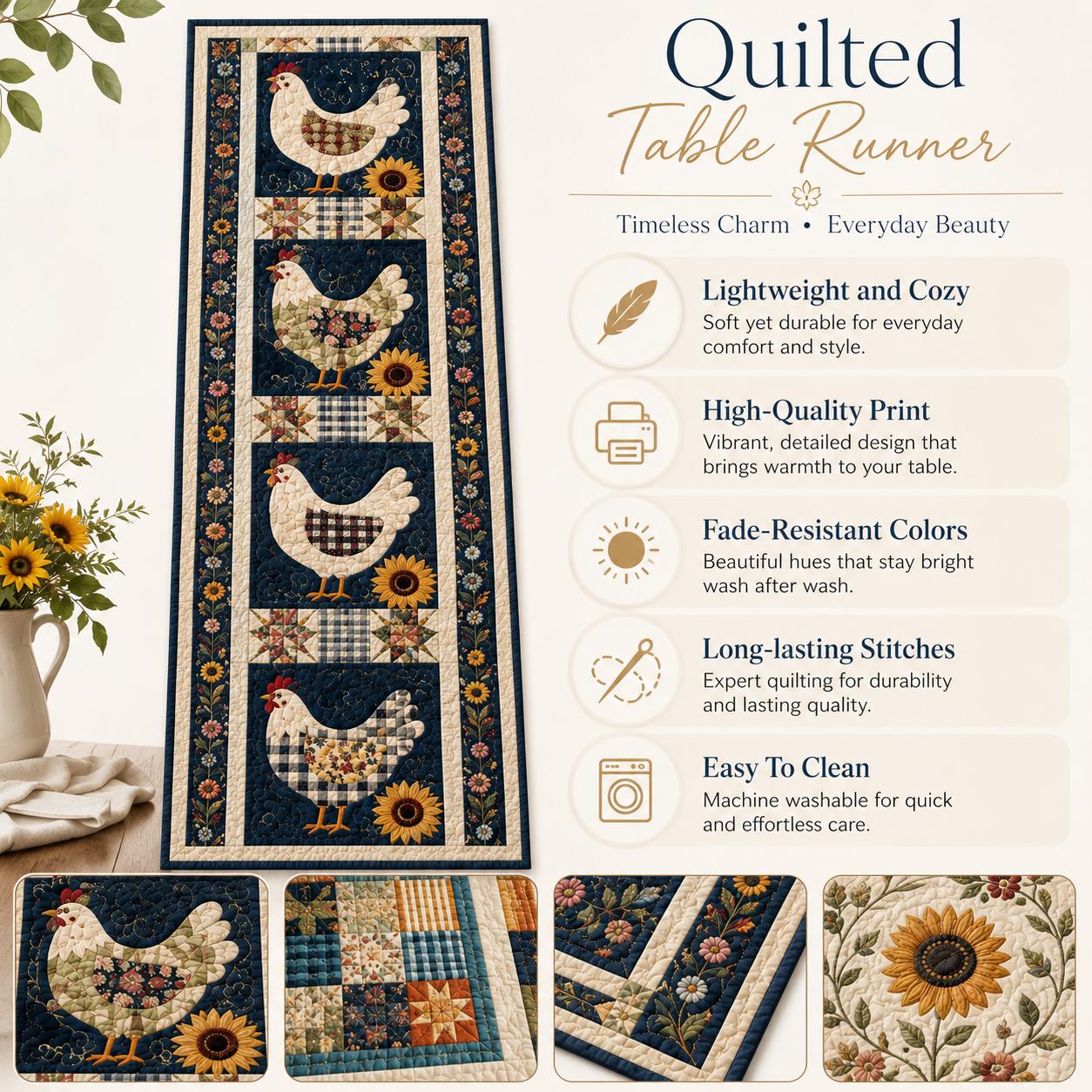 Farmhouse Chicken and Sunflower Quilted Style Table Runner for Rustic Country Table Decor - photo 8