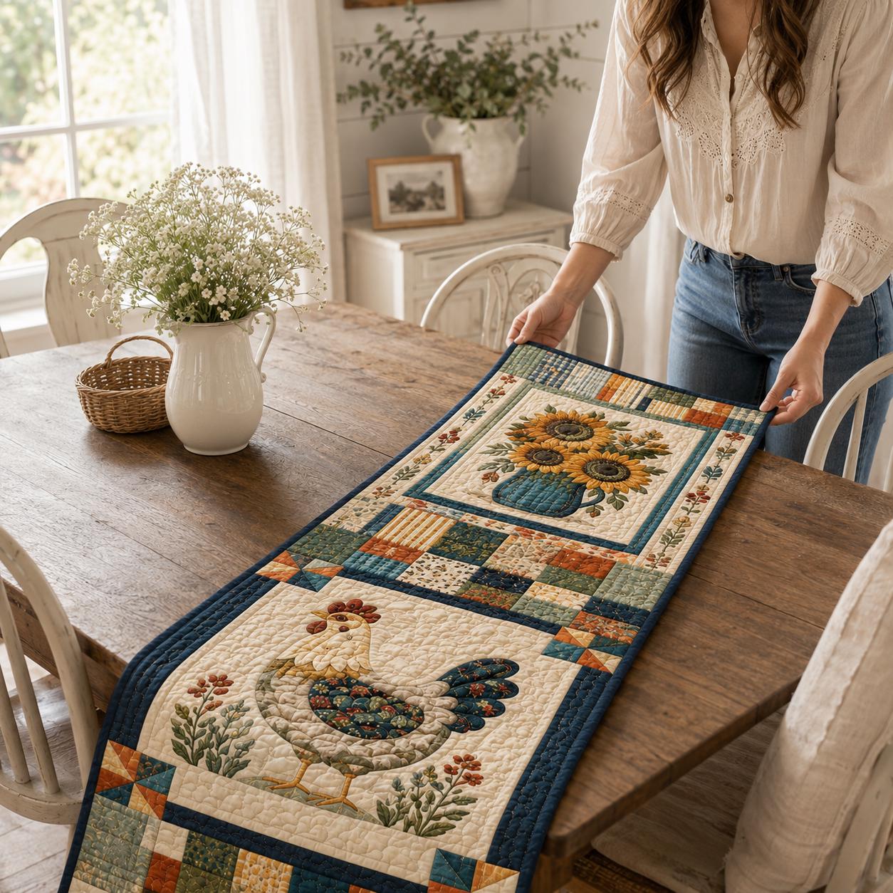 Farmhouse Chicken and Sunflower Quilted Style Table Runner for Rustic Country Table Decor - photo 9