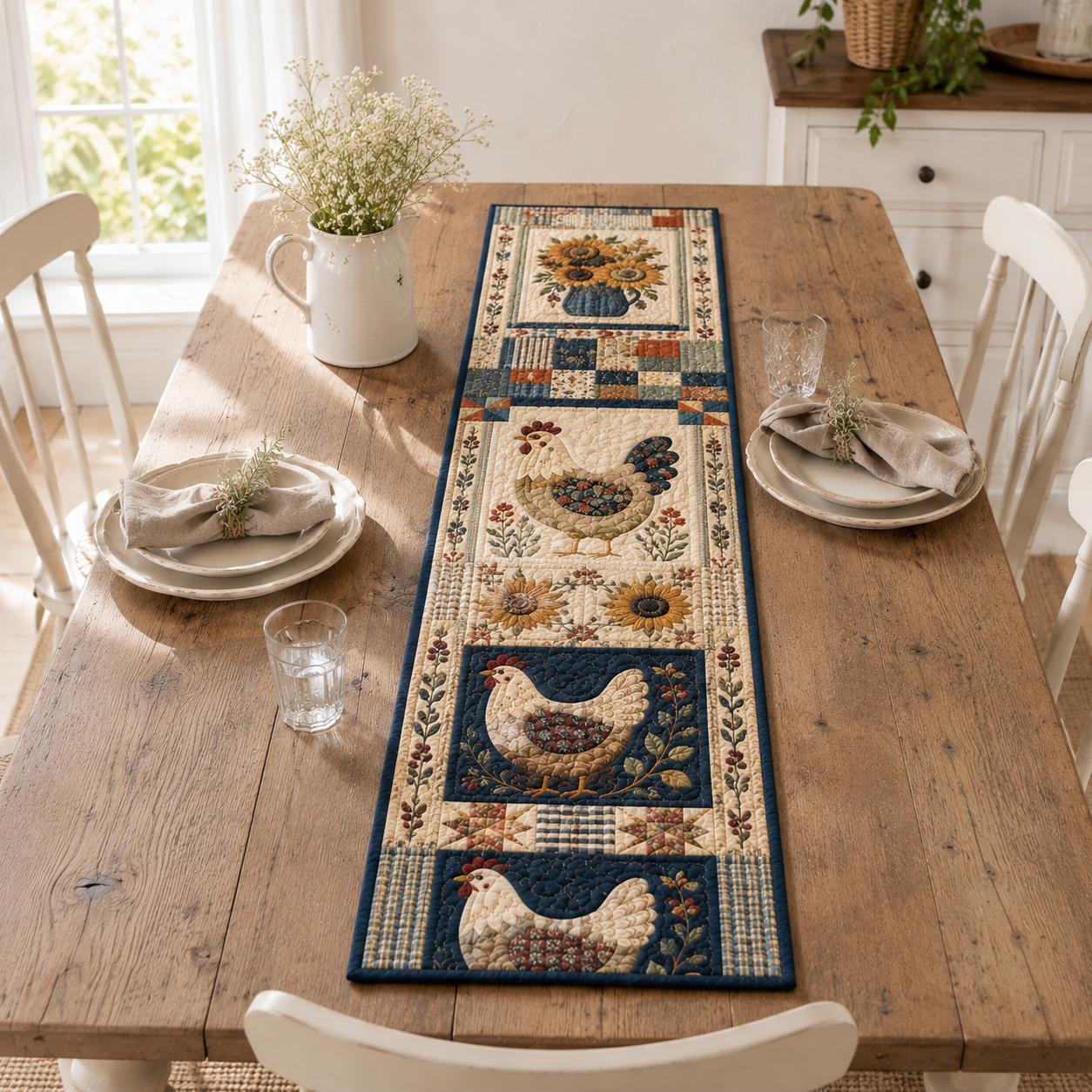 Farmhouse Chicken and Sunflower Quilted Style Table Runner for Rustic Country Table Decor - photo 10