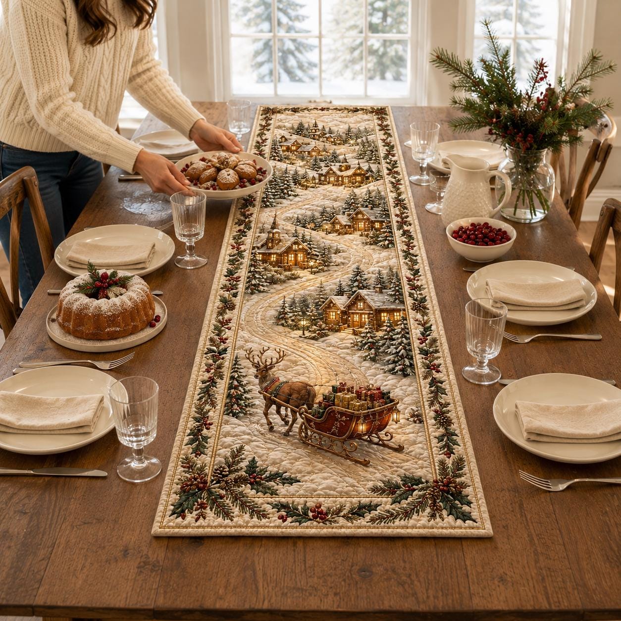 Table Runner for Dining Decor with Quilted Styleed Winter Village and Rustic Christmas Sleigh